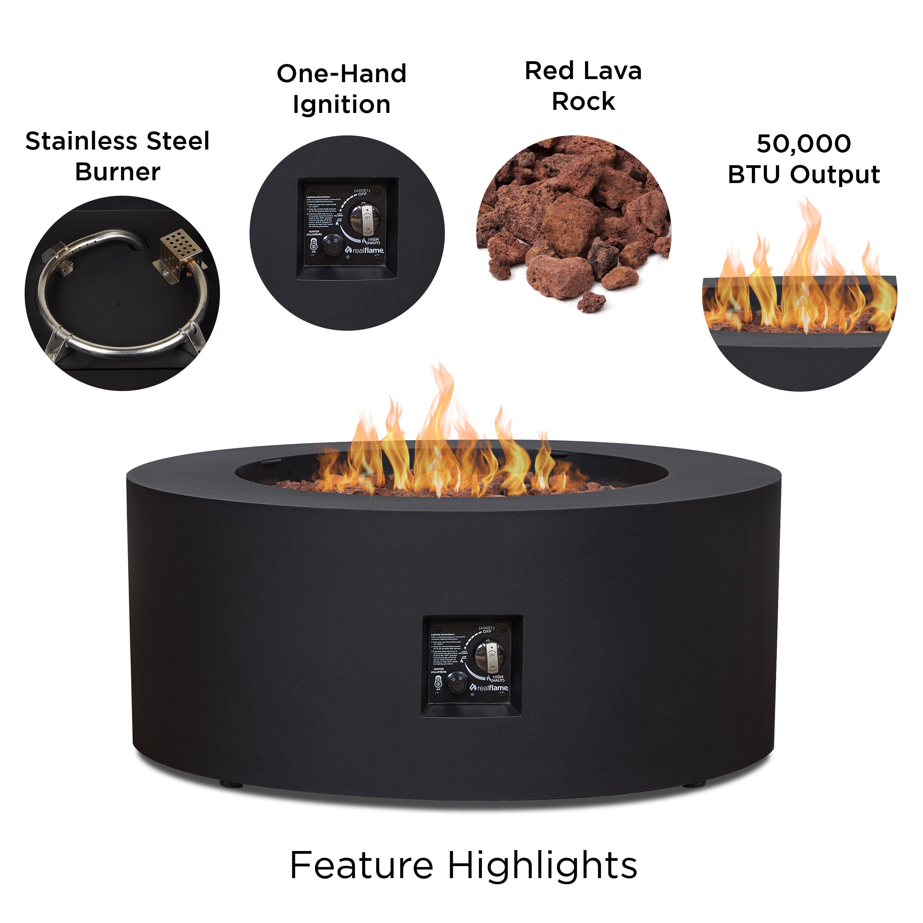 Real Flame Aegean Outdoor Round Fire Pit Table, Black, large