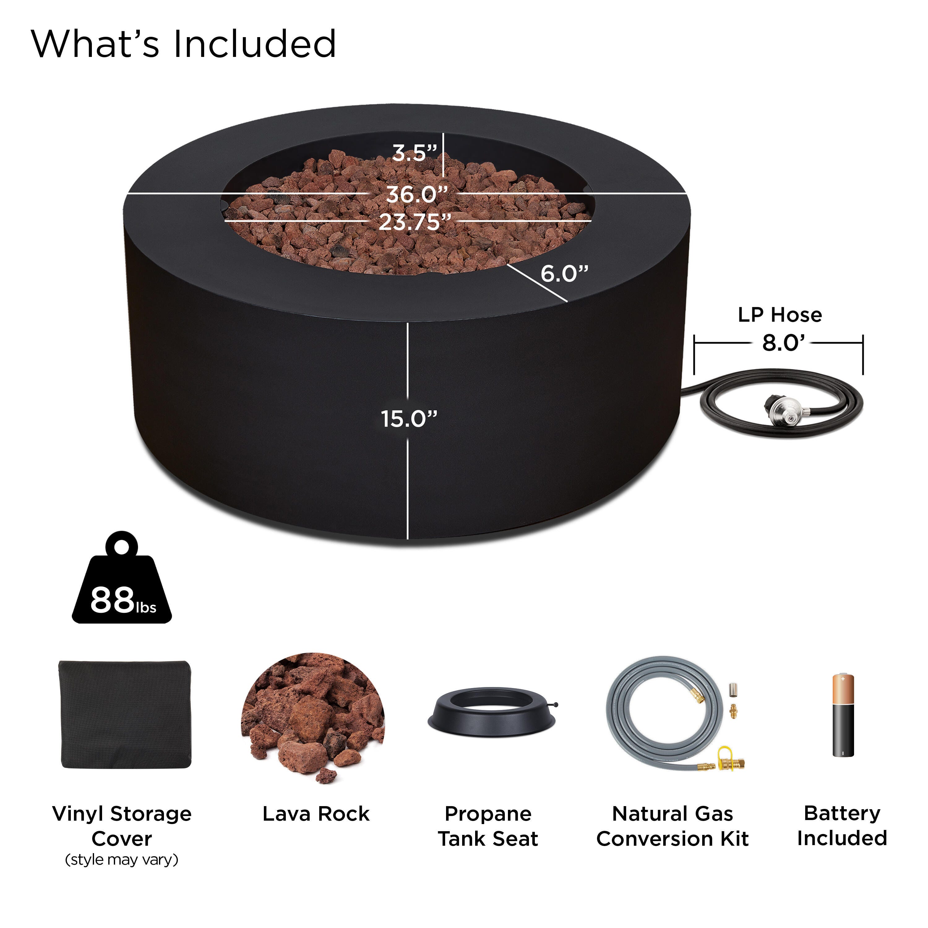Real Flame Aegean Outdoor Round Fire Pit Table, Black, large