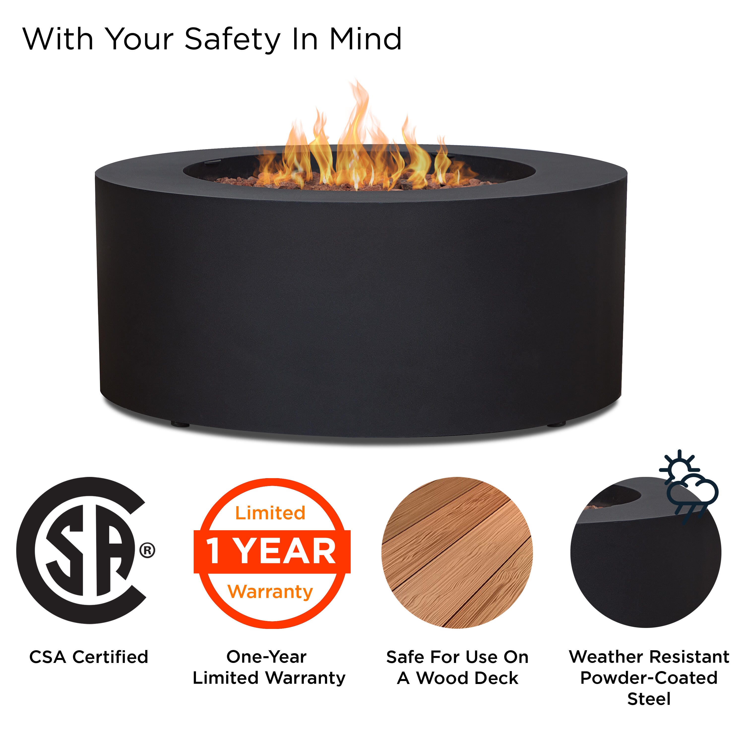 Real Flame Aegean Outdoor Round Fire Pit Table, Black, large