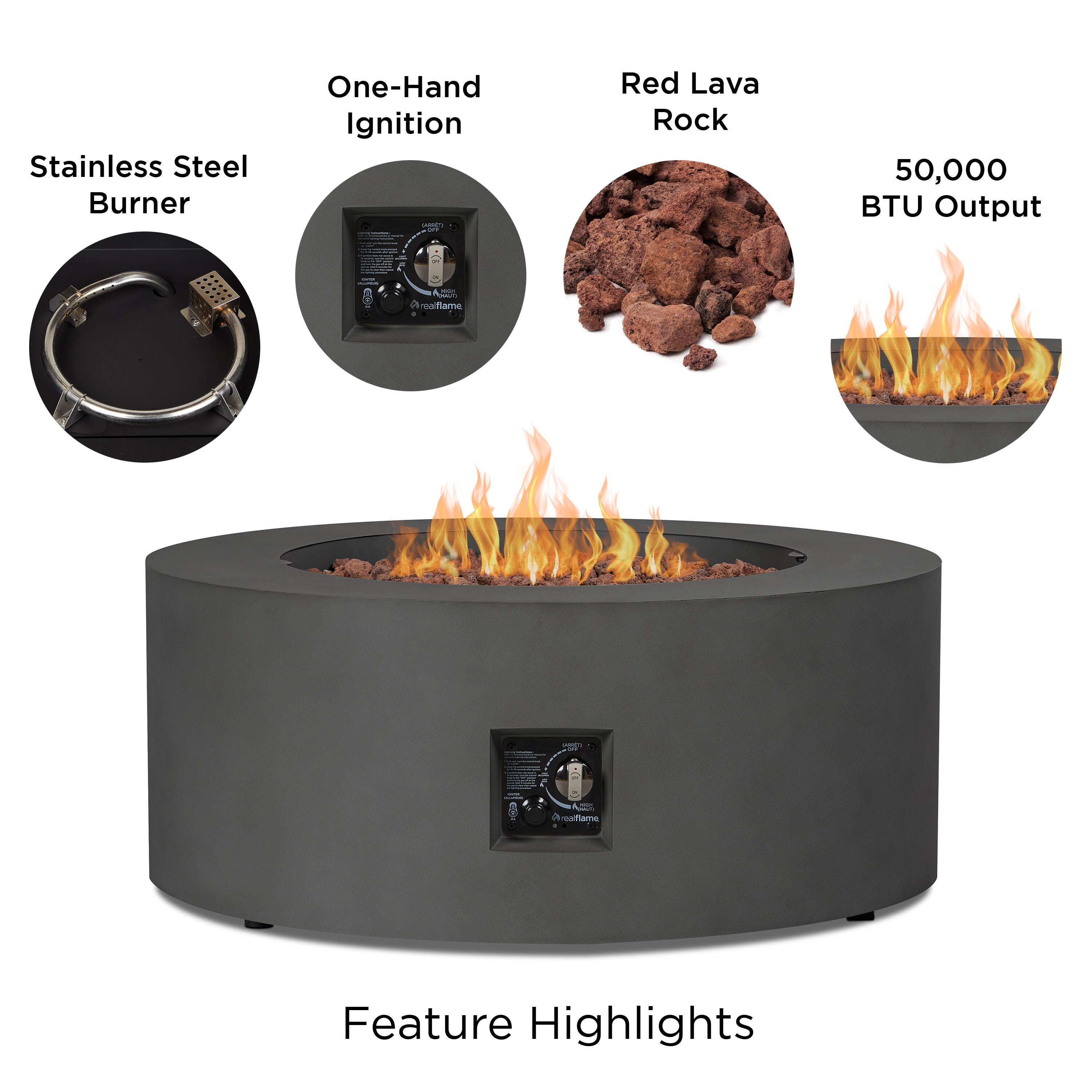 Real Flame Aegean Outdoor Round Fire Pit Table, Weathered Slate, large