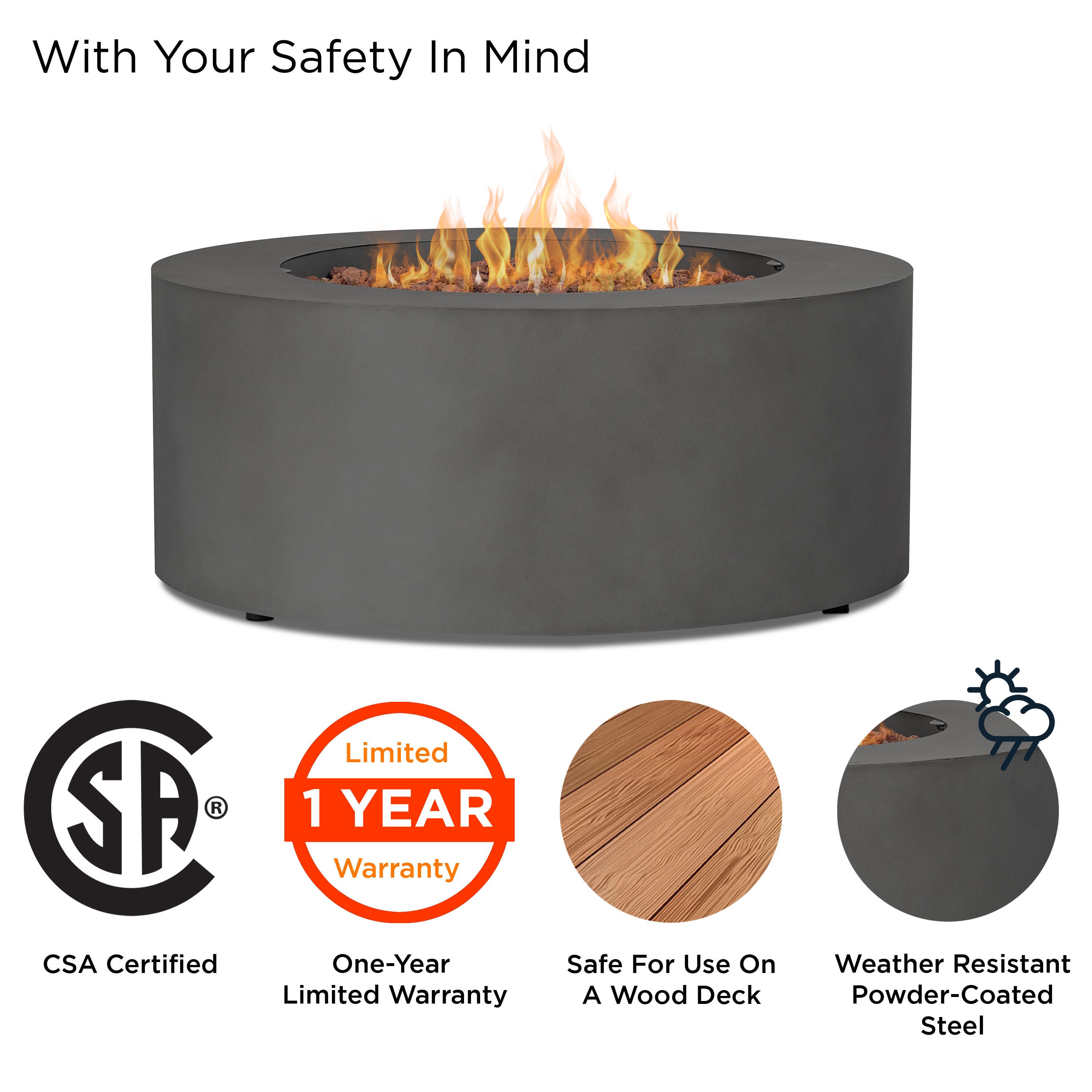 Real Flame Aegean Outdoor Round Fire Pit Table, Weathered Slate, large