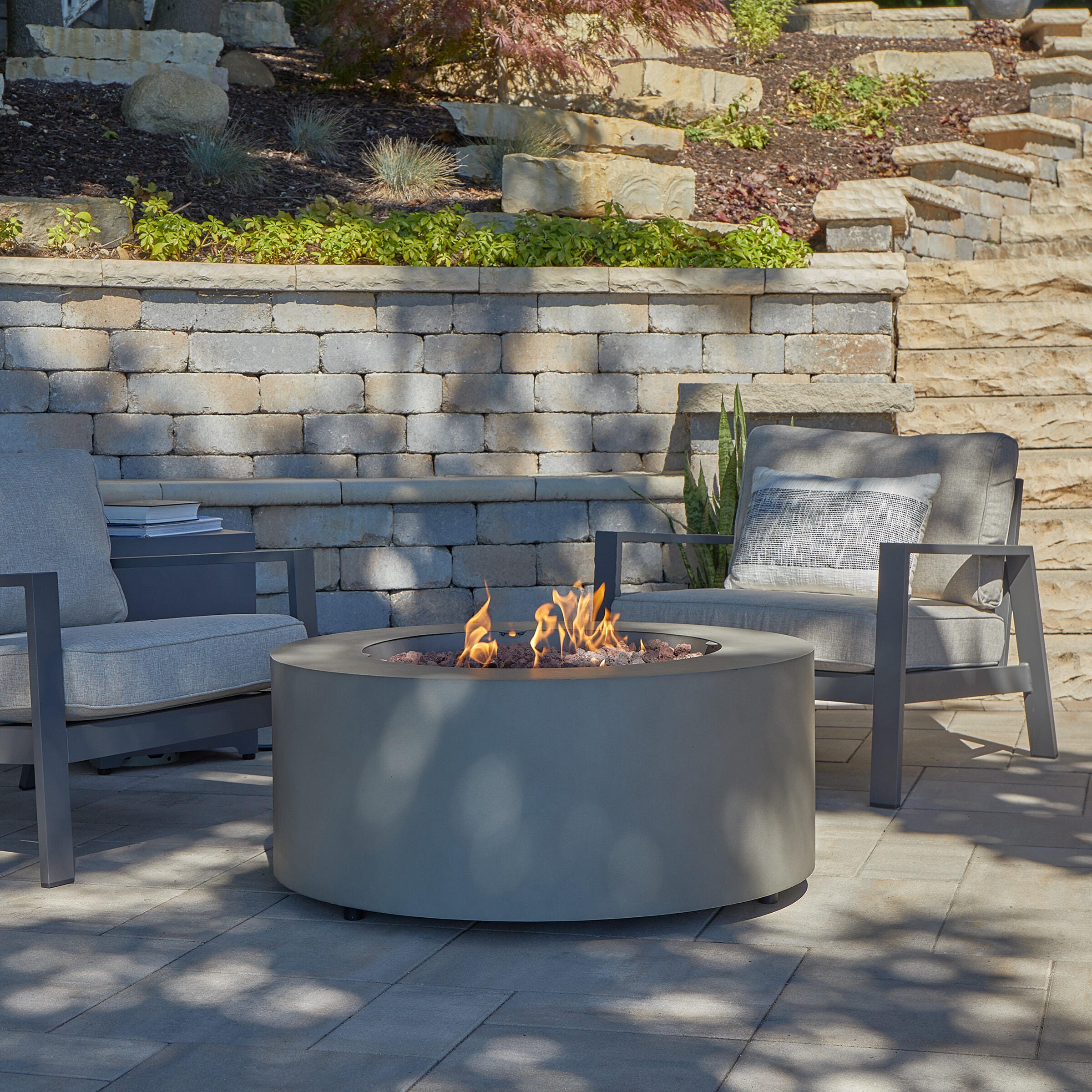 Real Flame Aegean Outdoor Round Fire Pit Table, Weathered Slate, large