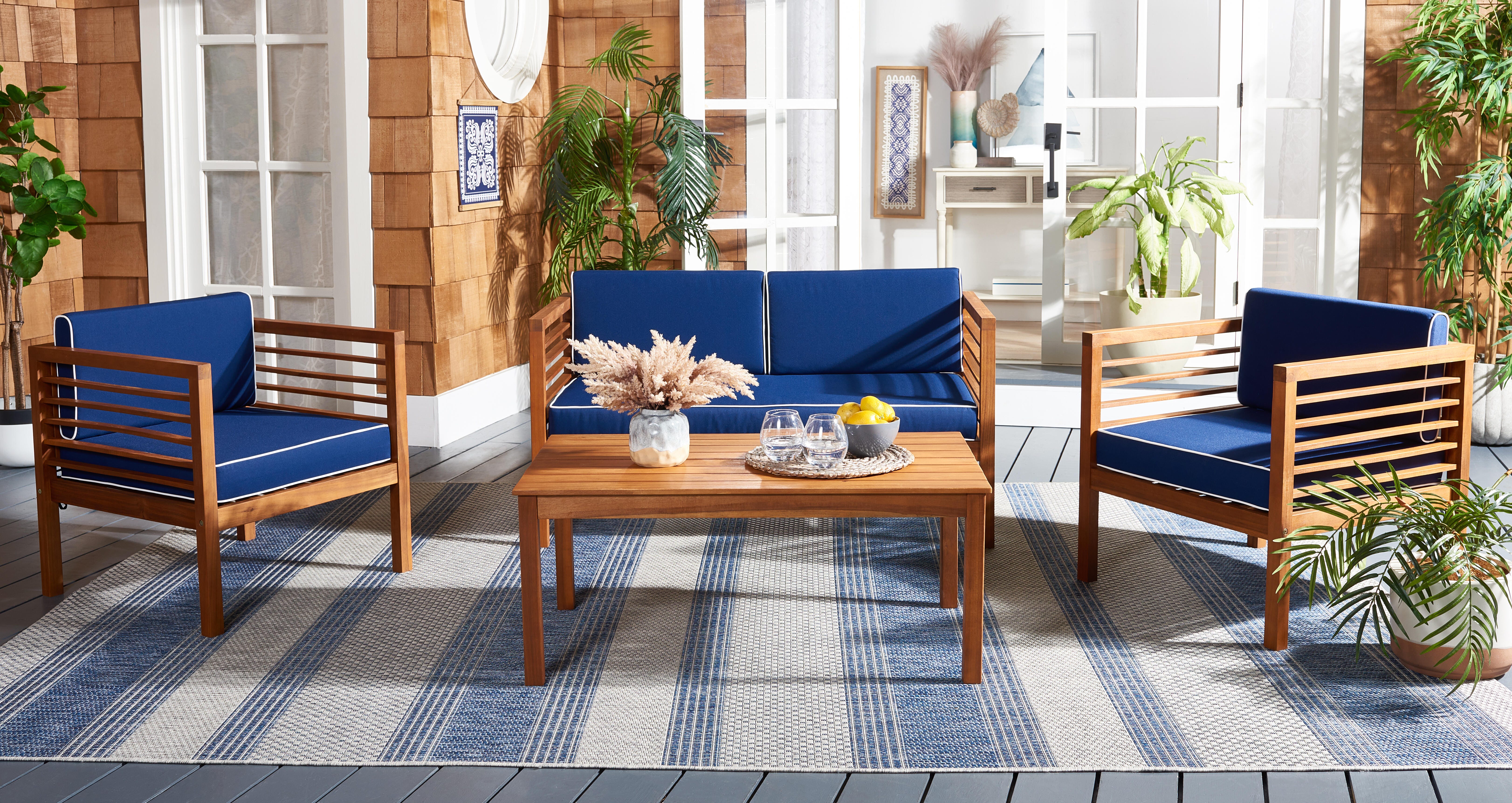 Safavieh Alda Outdoor Conversation Set, Natural/Navy, rollover