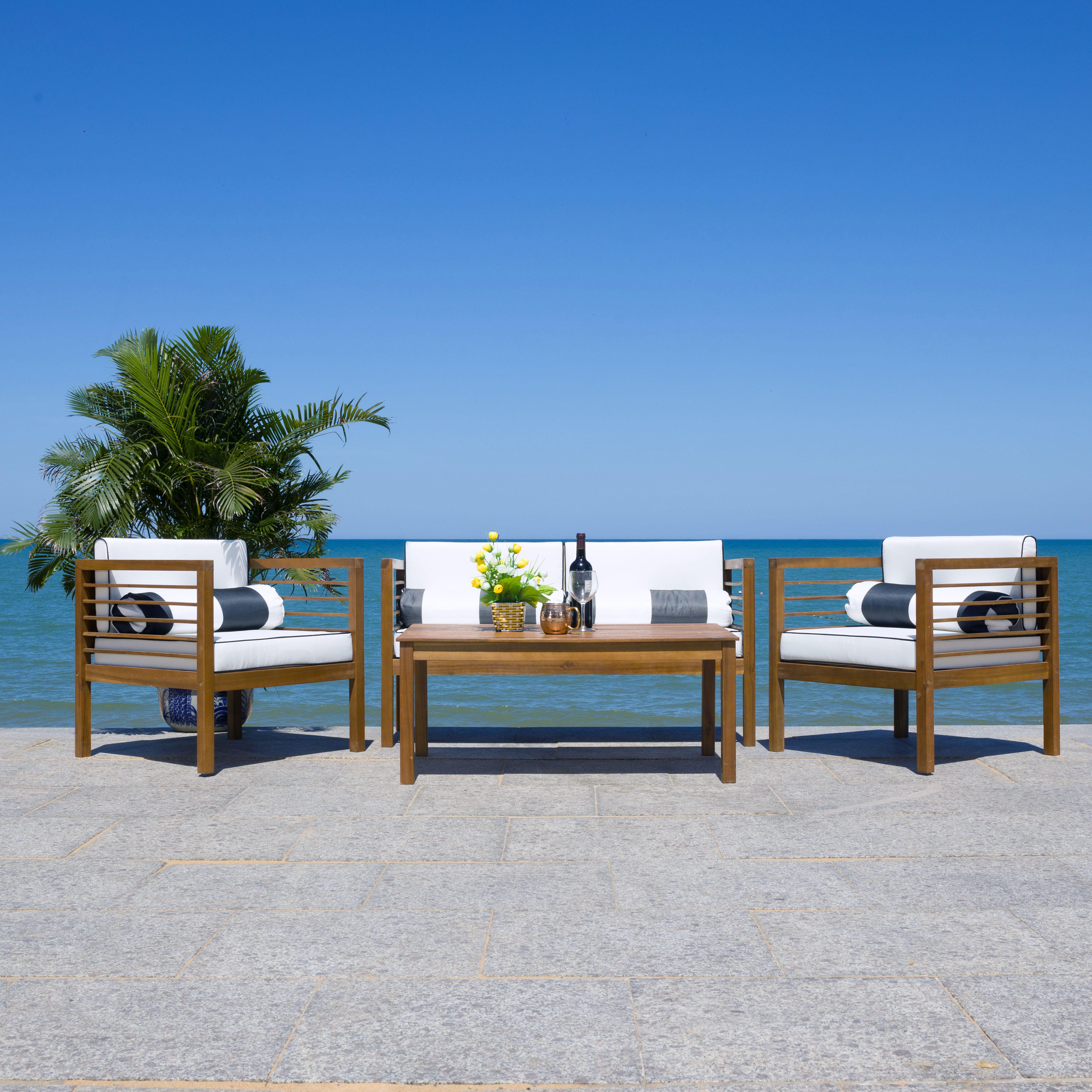 Safavieh Alda Outdoor Conversation Set, Natural/Beige, large