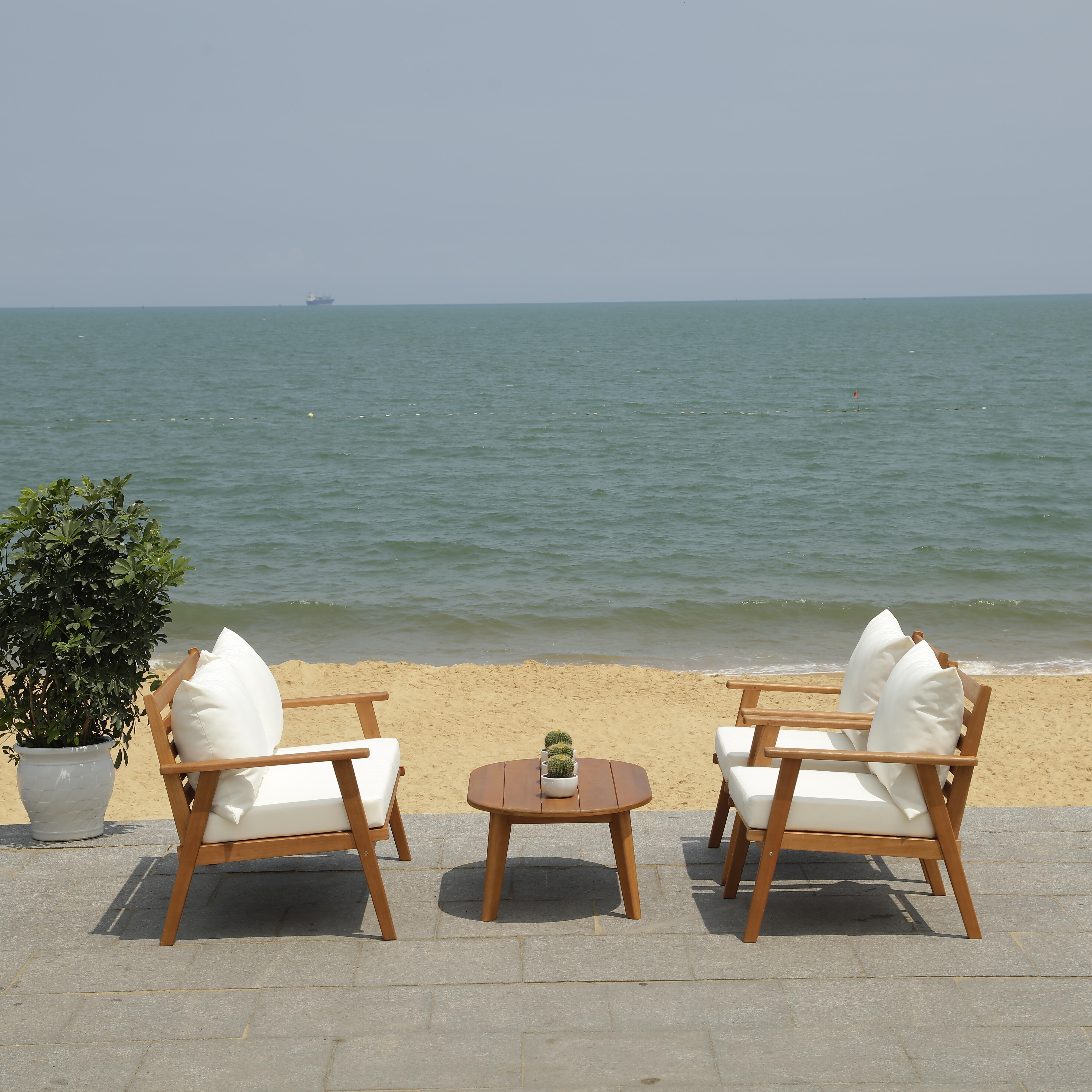 Safavieh Deacon Outdoor Conversation Set, Natural/Beige, large