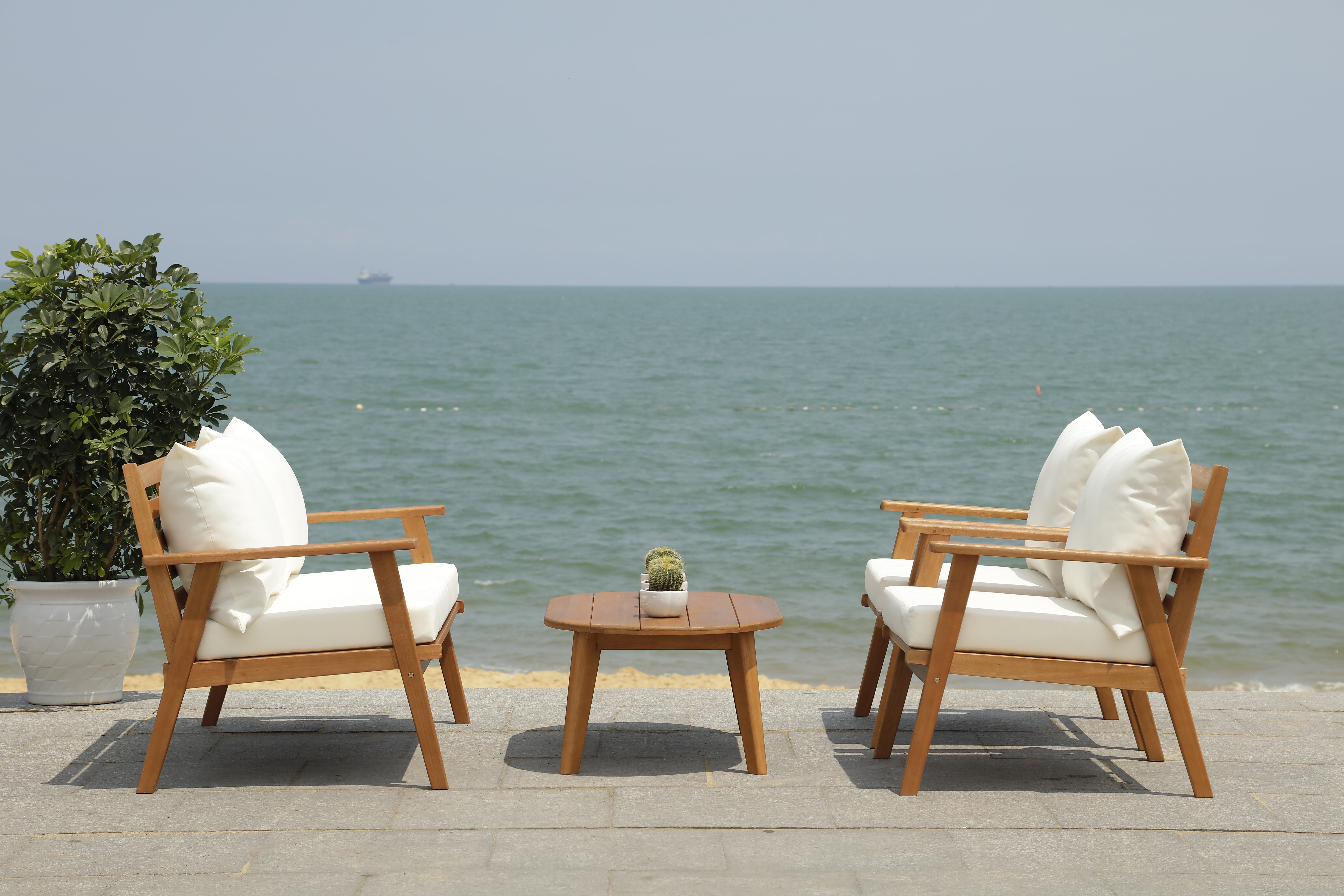 Safavieh Deacon Outdoor Conversation Set, Natural/Beige, large
