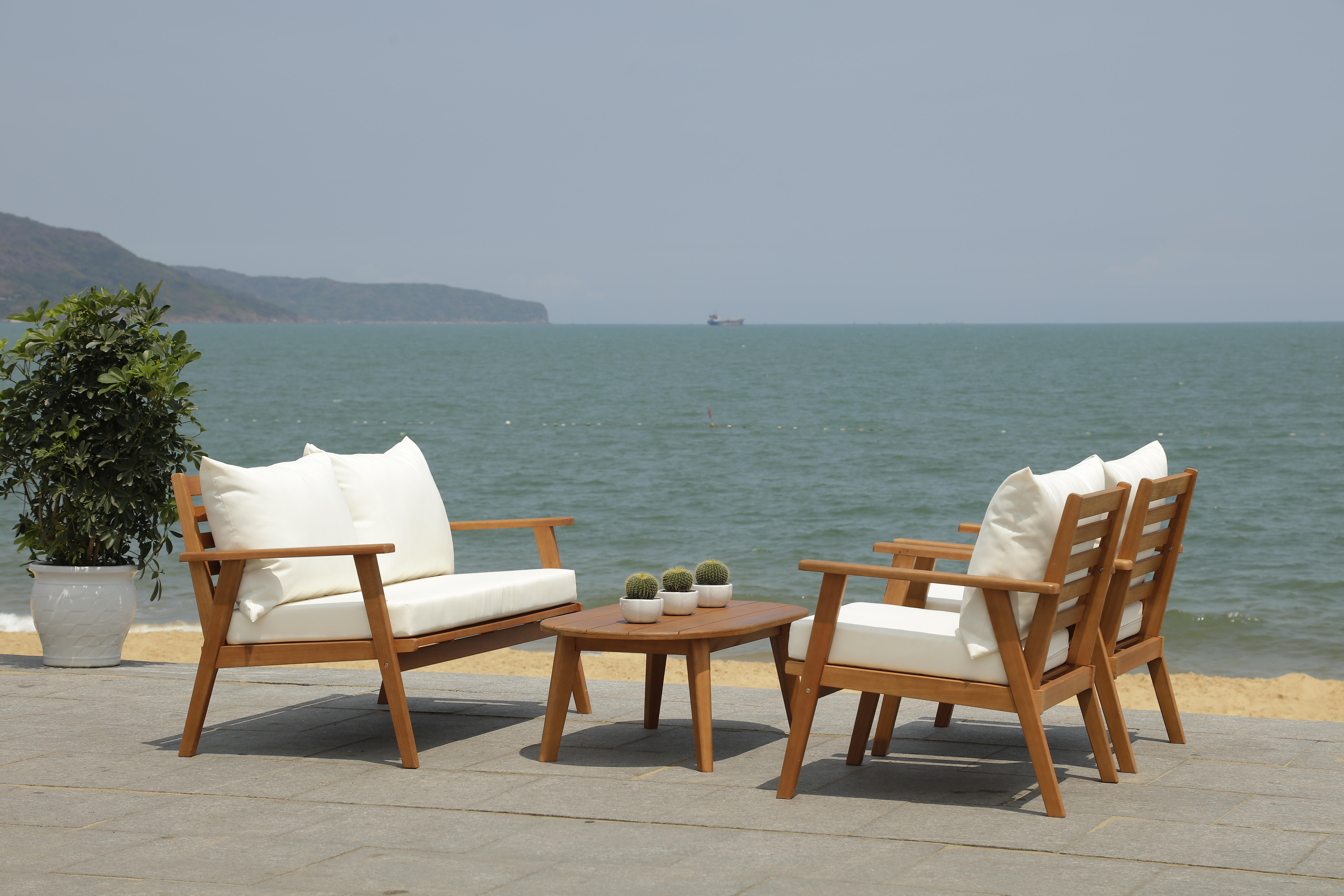 Safavieh Deacon Outdoor Conversation Set, Natural/Beige, large