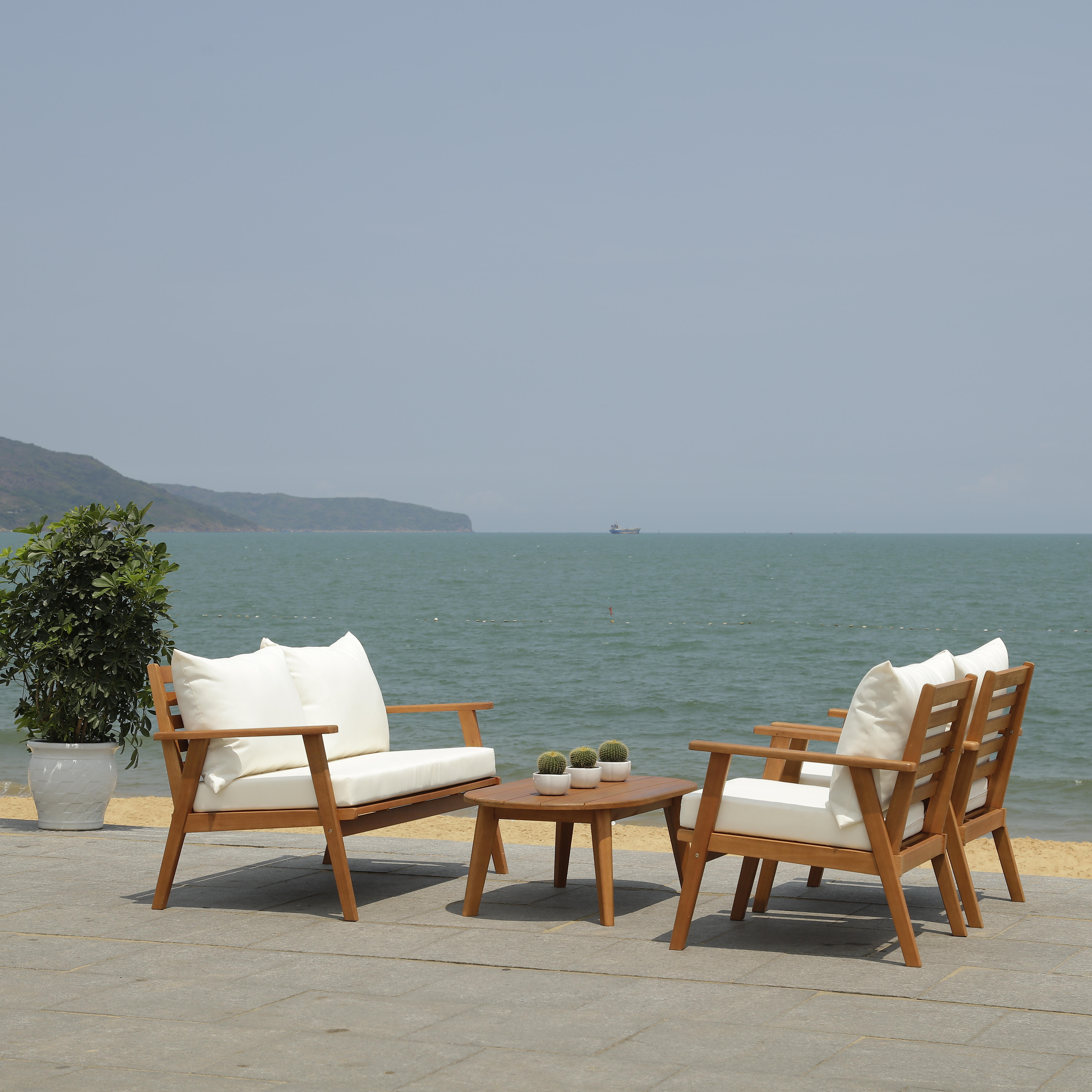 Safavieh Deacon Outdoor Conversation Set, Natural/Beige, large