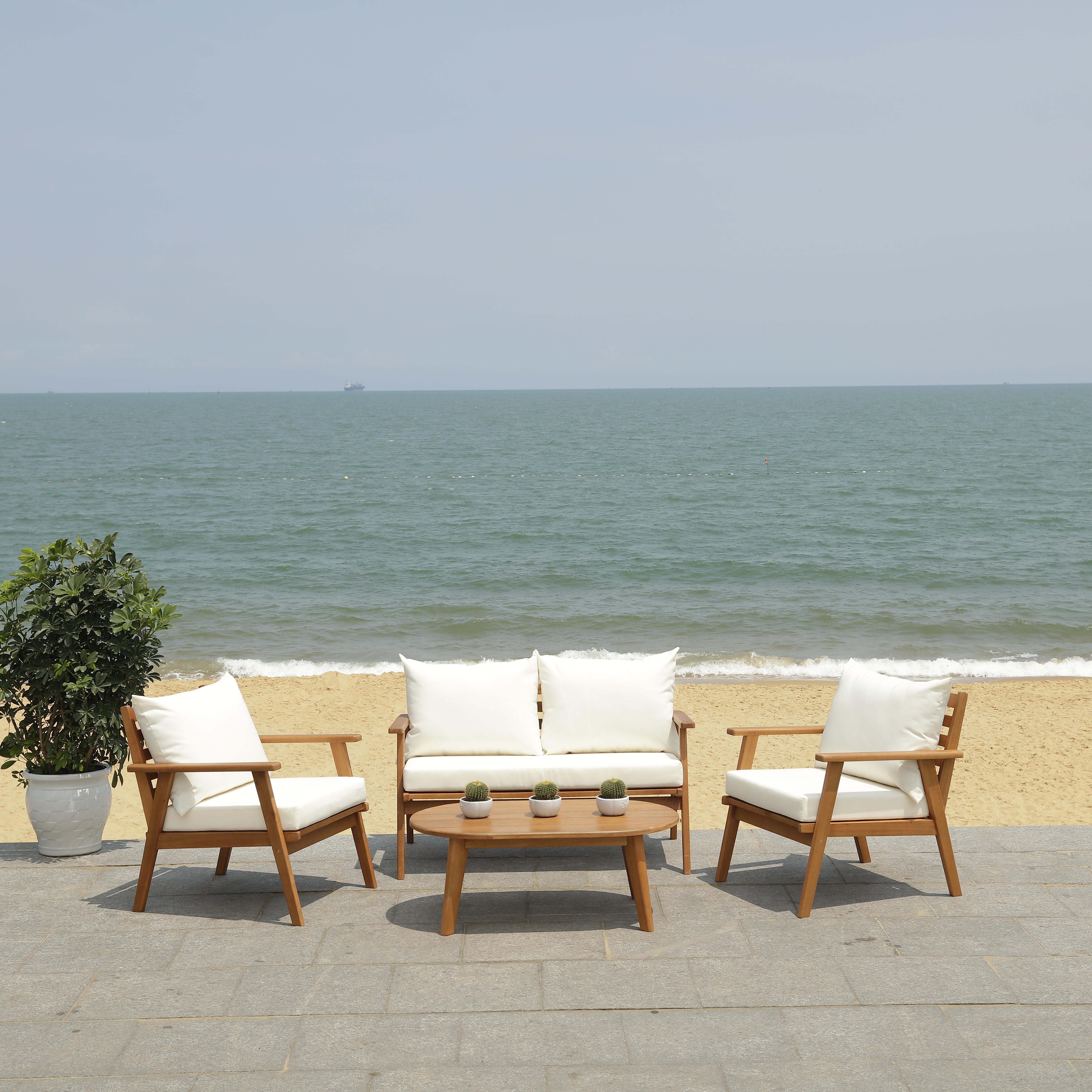 Safavieh Deacon Outdoor Conversation Set, Natural/Beige, large