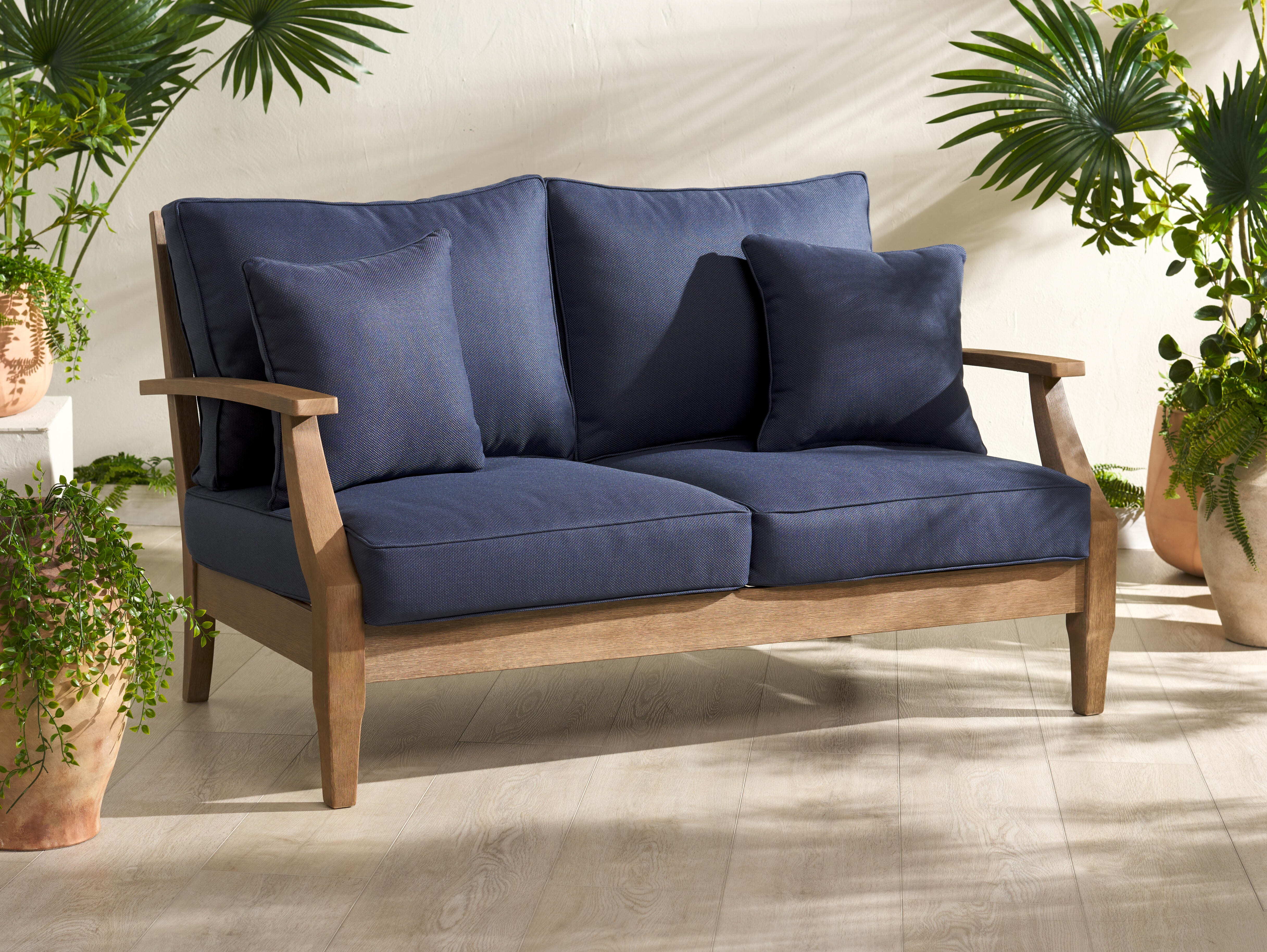Safavieh Martinique Outdoor Loveseat, Natural/Navy, rollover