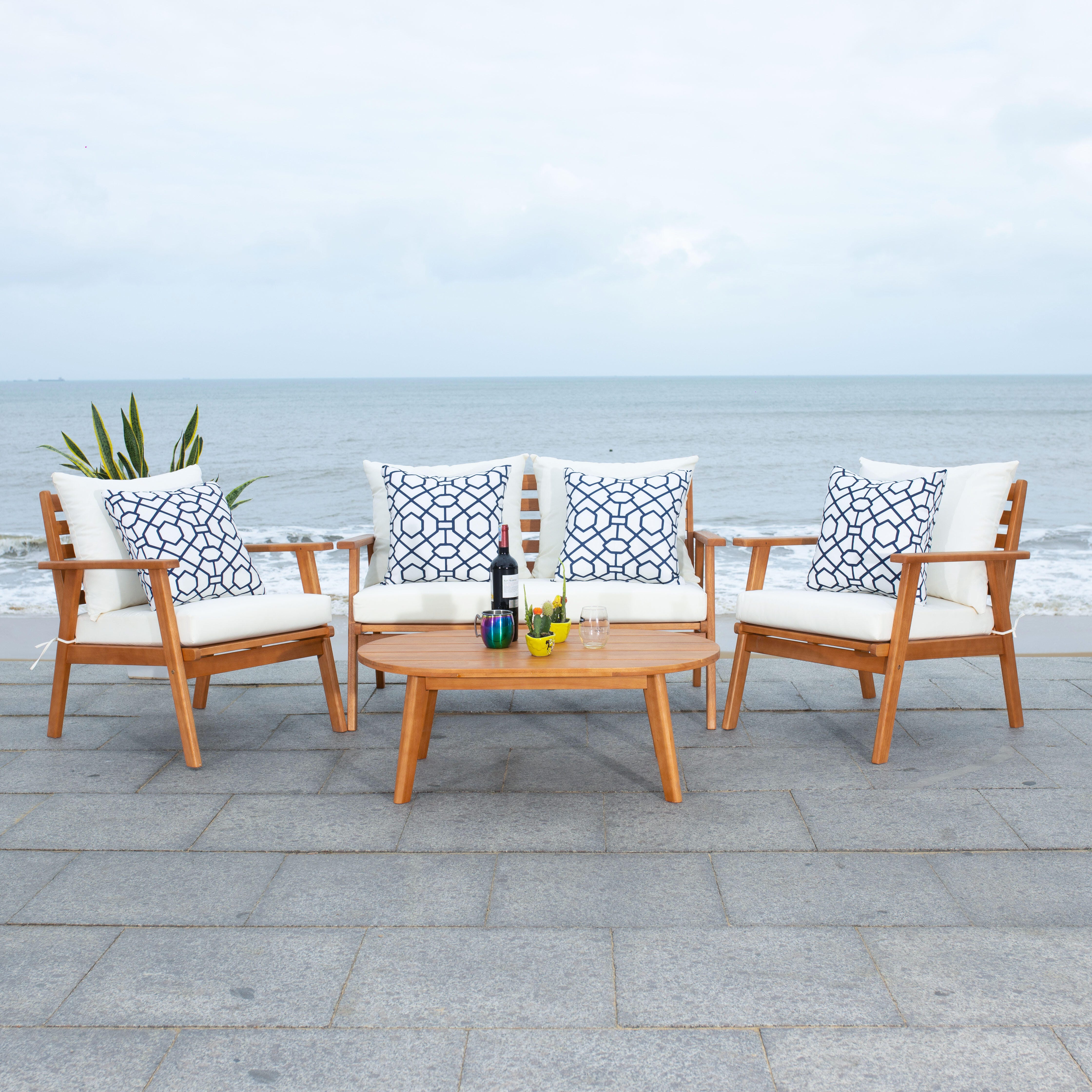 Safavieh Deacon Outdoor Conversation Set, Natural/White, large