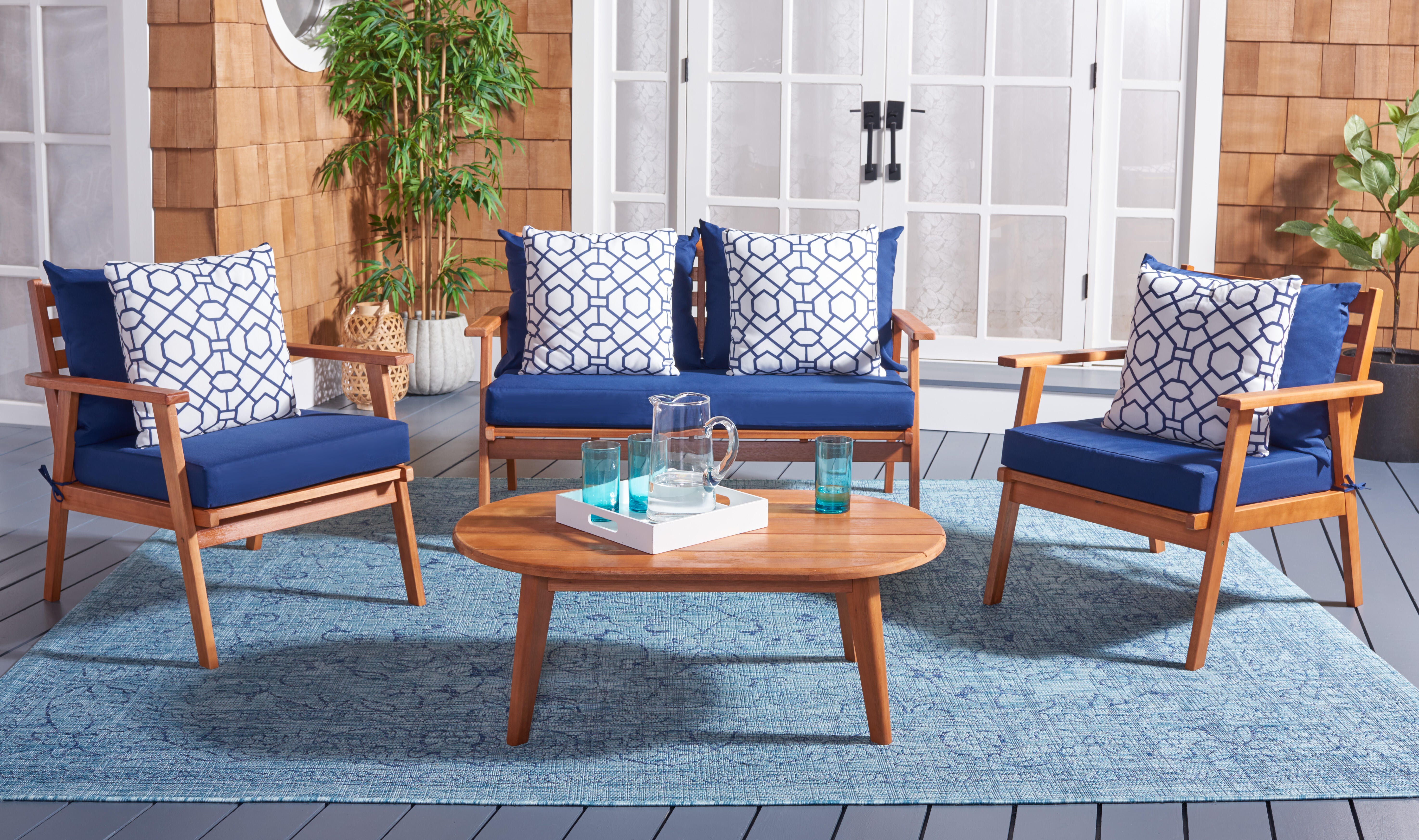 Safavieh Deacon Outdoor Conversation Set, Navy Blue/Natural, rollover
