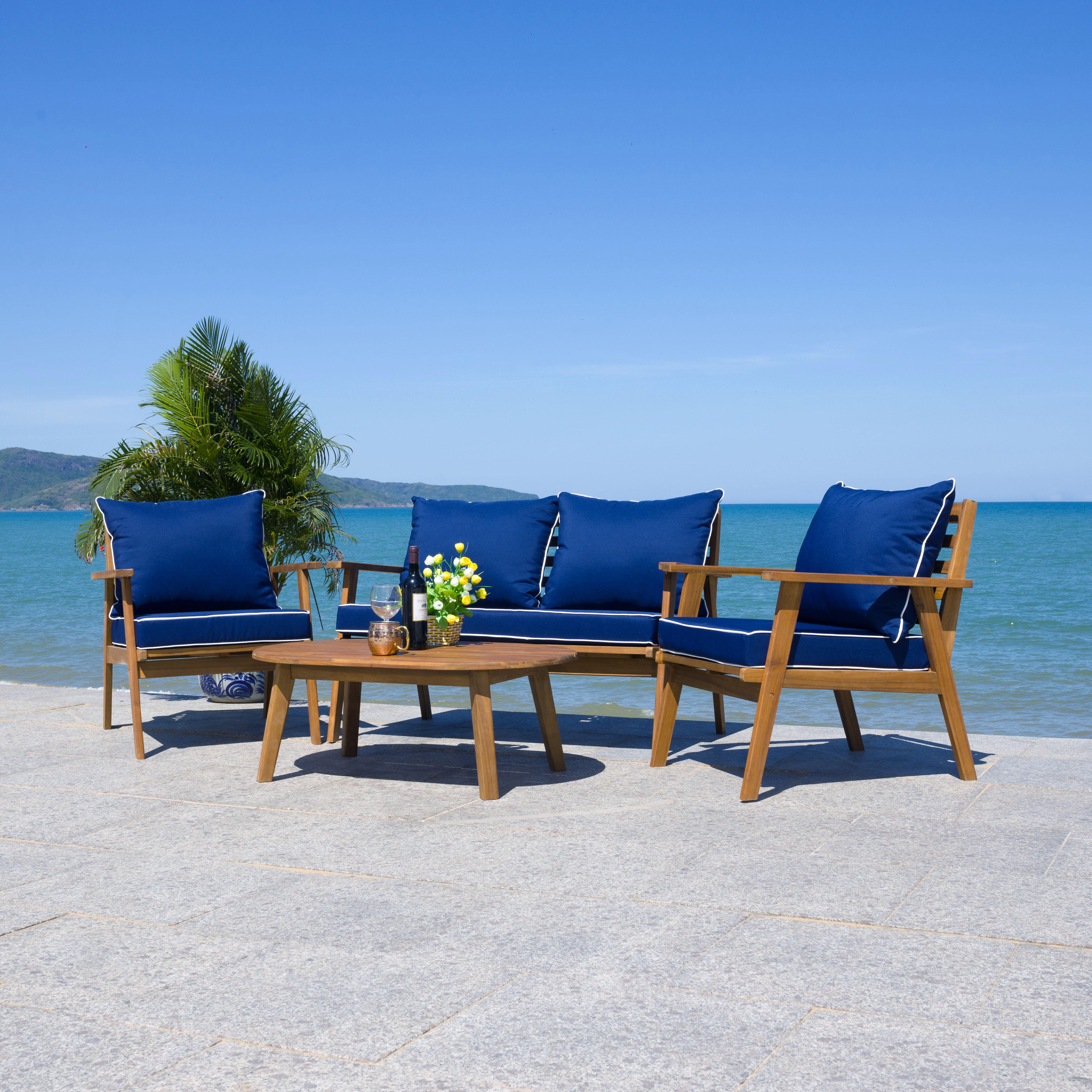 Safavieh Deacon Outdoor Conversation Set, Natural/Navy, rollover
