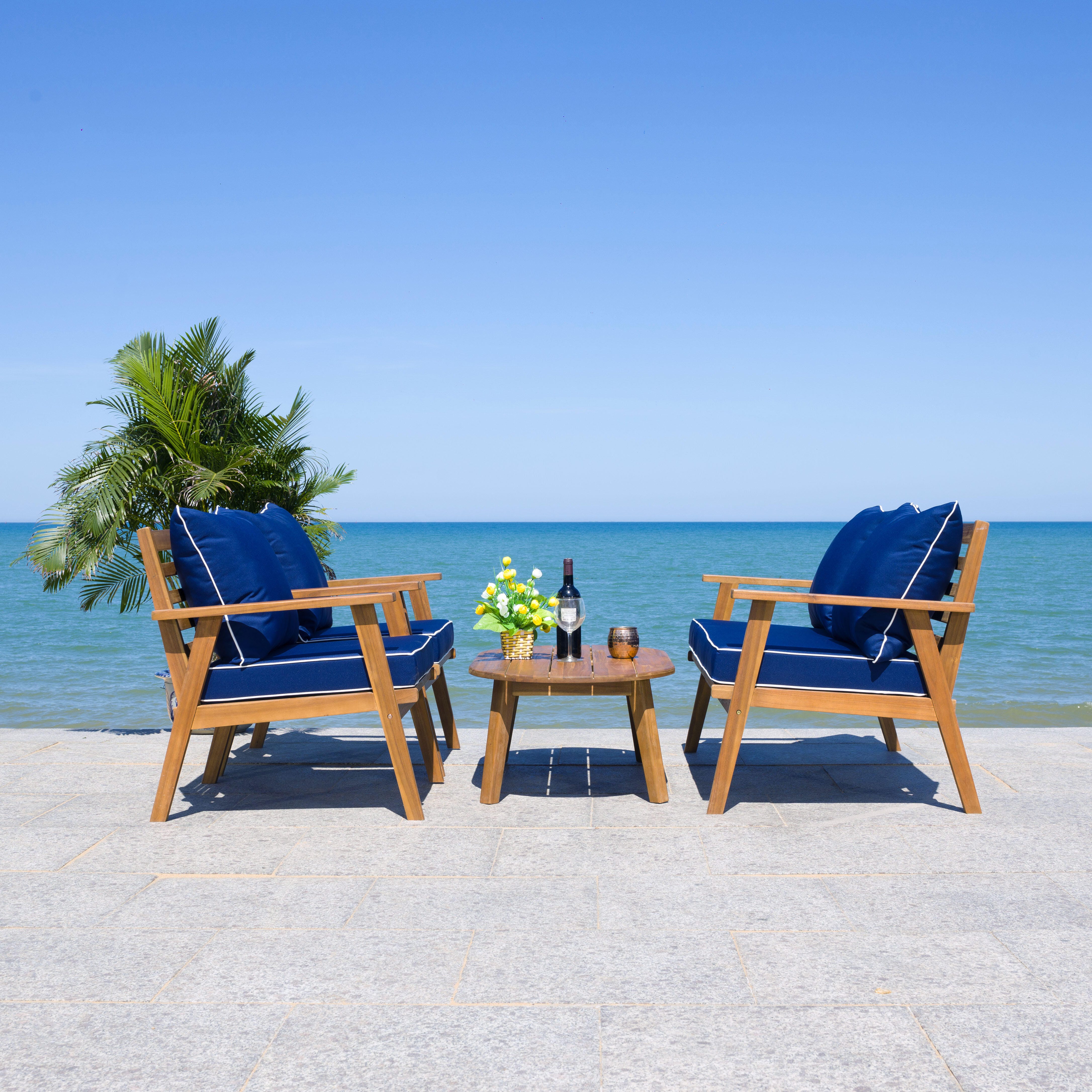 Safavieh Deacon Outdoor Conversation Set, Natural/Navy, large