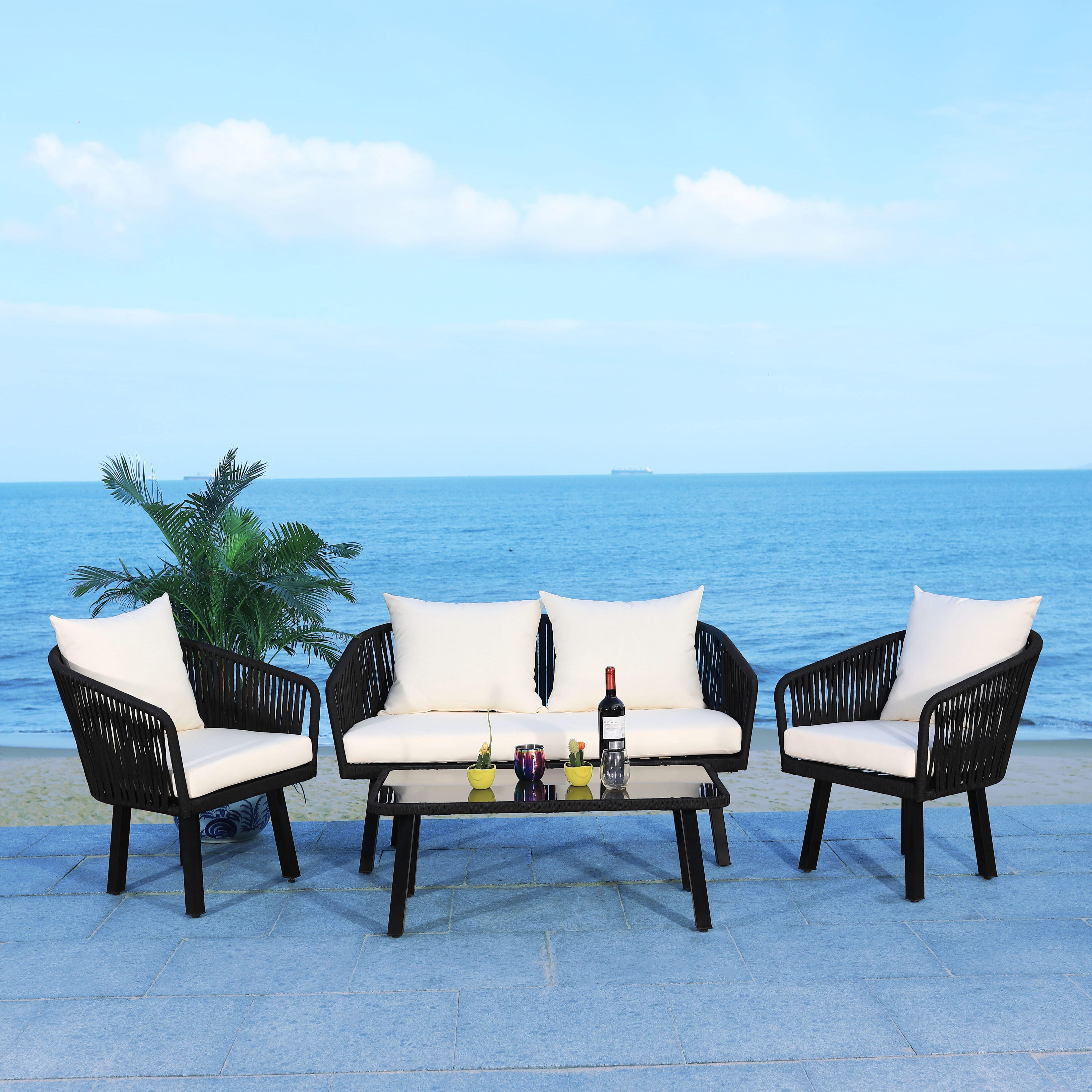 Safavieh Jorda Outdoor Conversation Set, Black/Beige, large