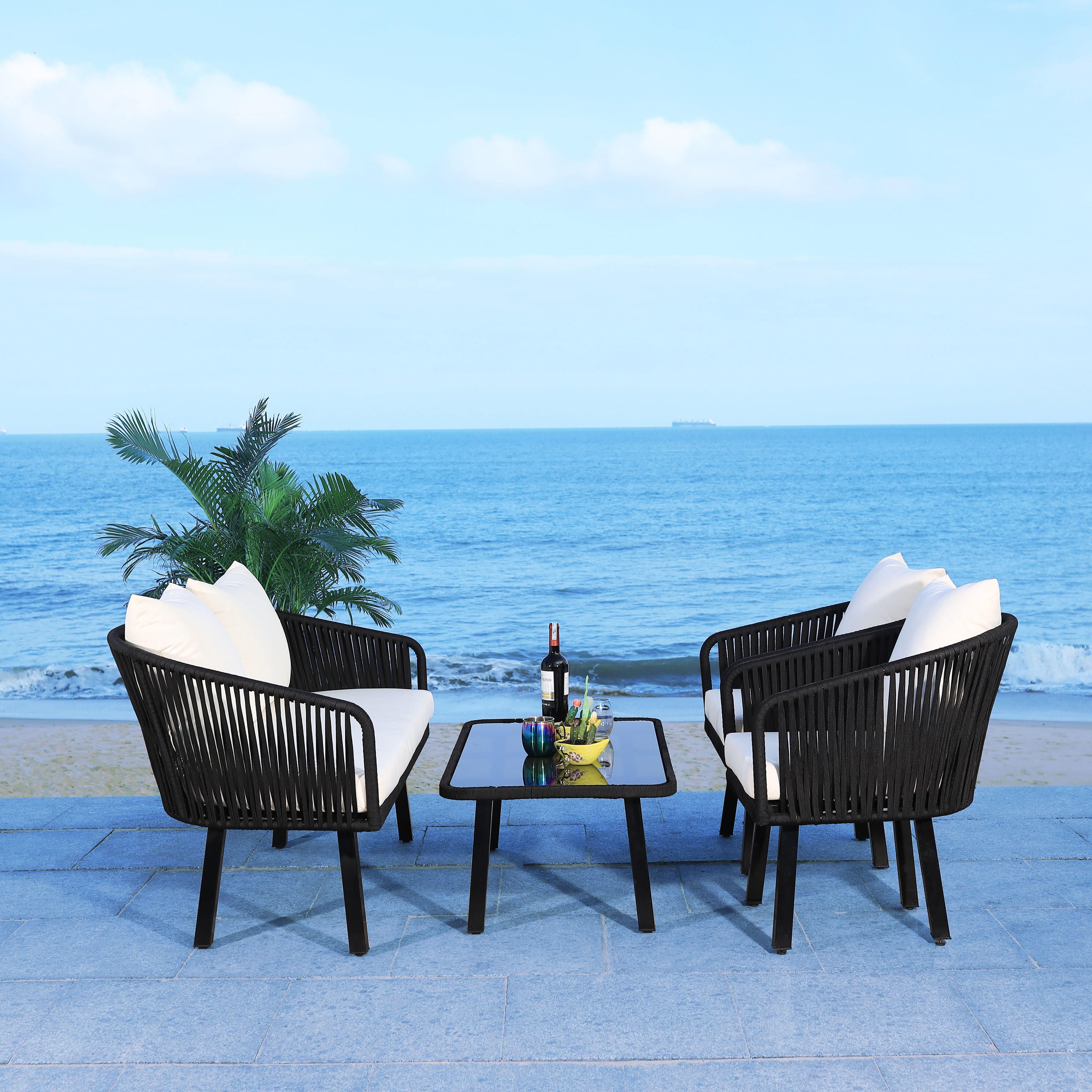 Safavieh Jorda Outdoor Conversation Set, Black/Beige, large