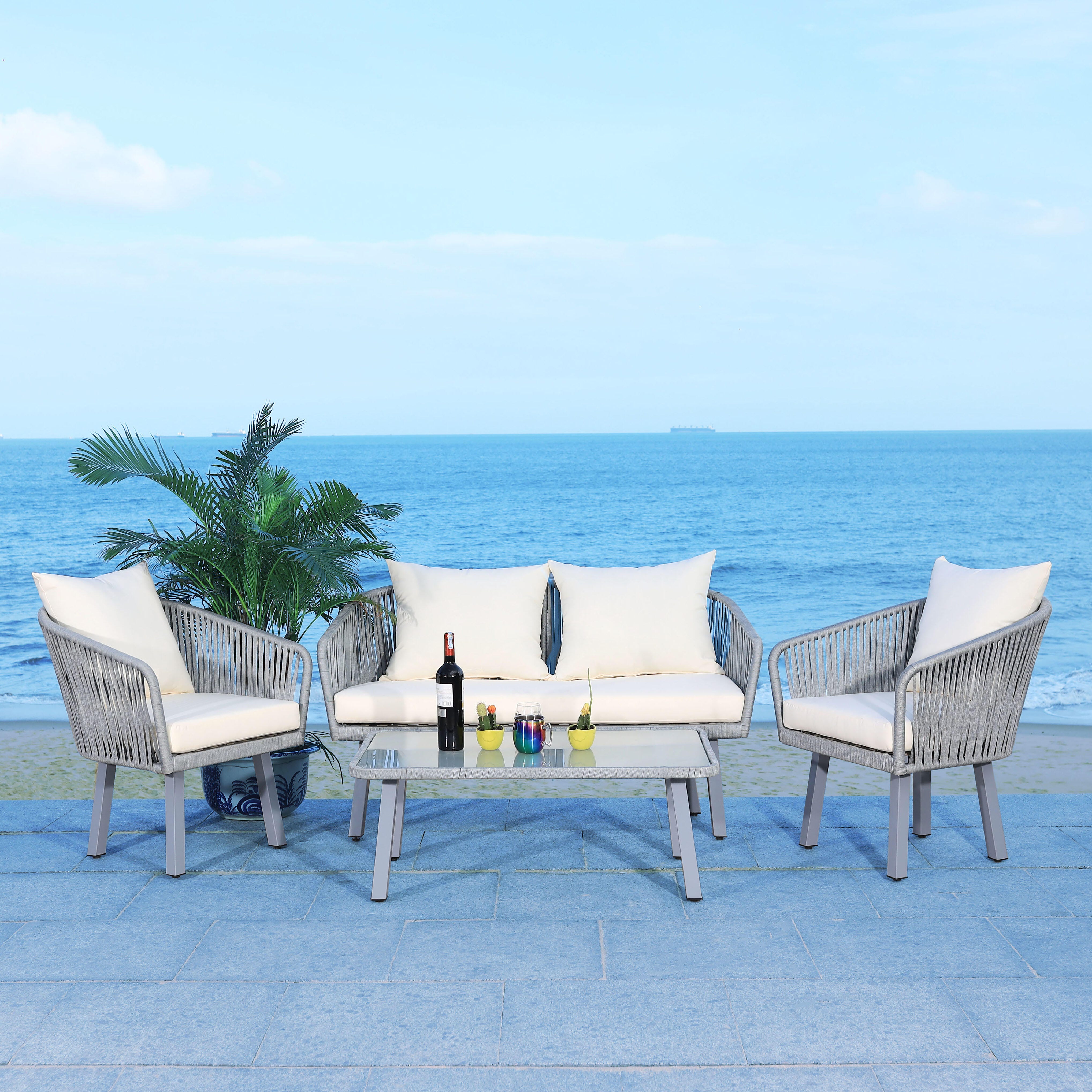 Safavieh Jorda Outdoor Conversation Set, Gray/Beige, large