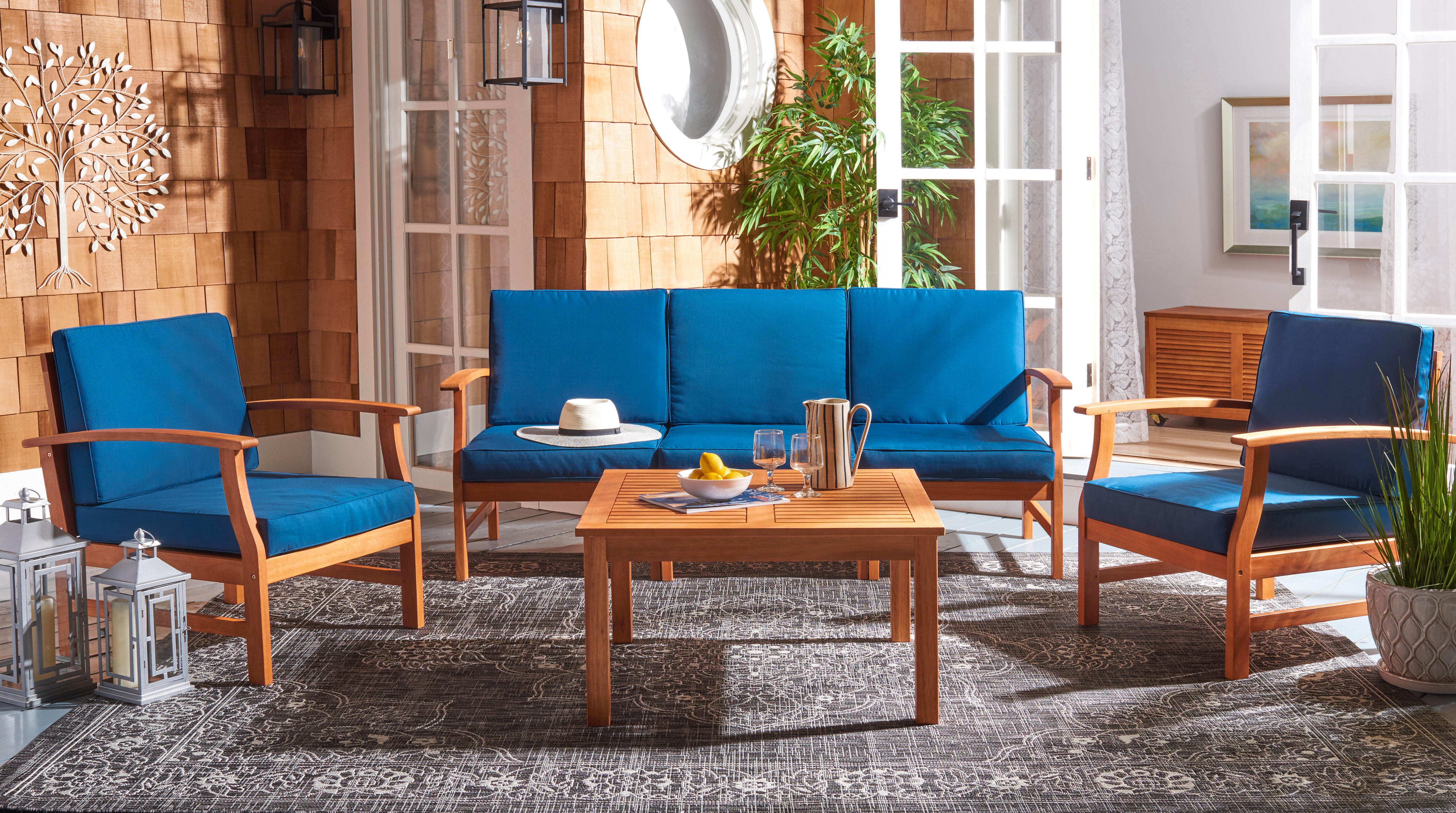 Safavieh Parcer Outdoor Conversation Set, Natural/Navy, rollover