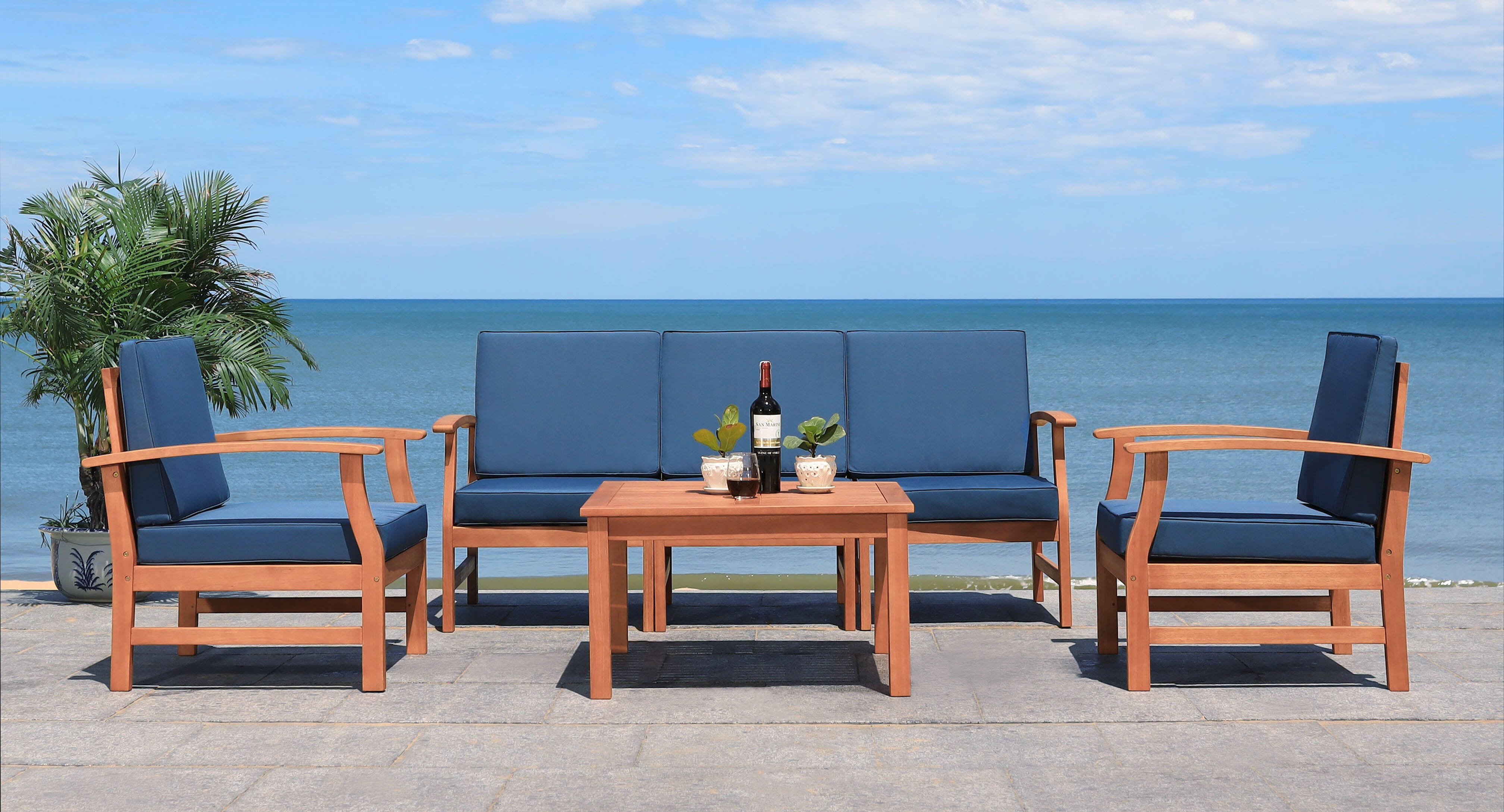 Safavieh Parcer Outdoor Conversation Set, Natural/Navy, large