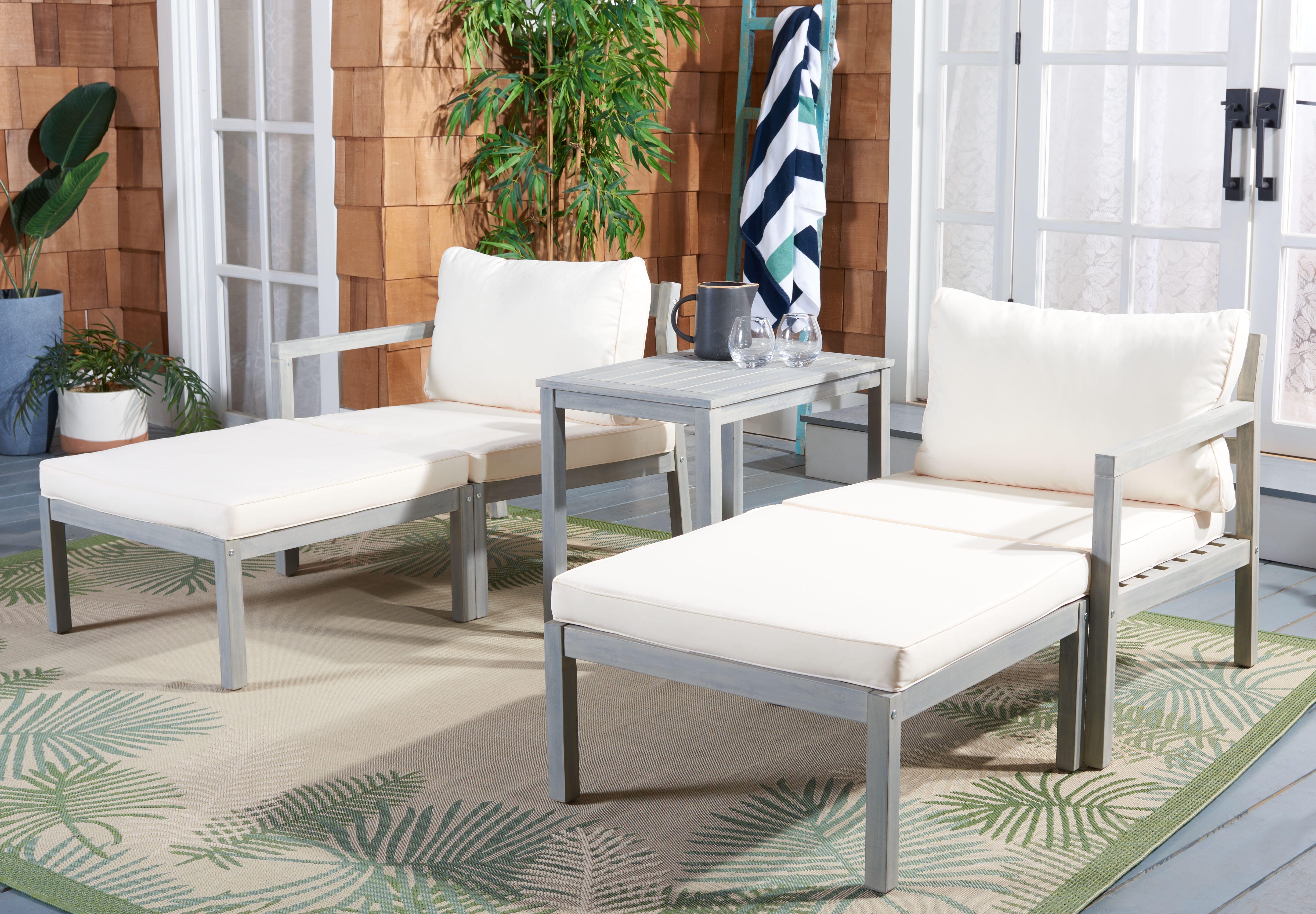 Safavieh Pratia Outdoor Lounge chair with Side Table, Ash Gray/Beige, rollover