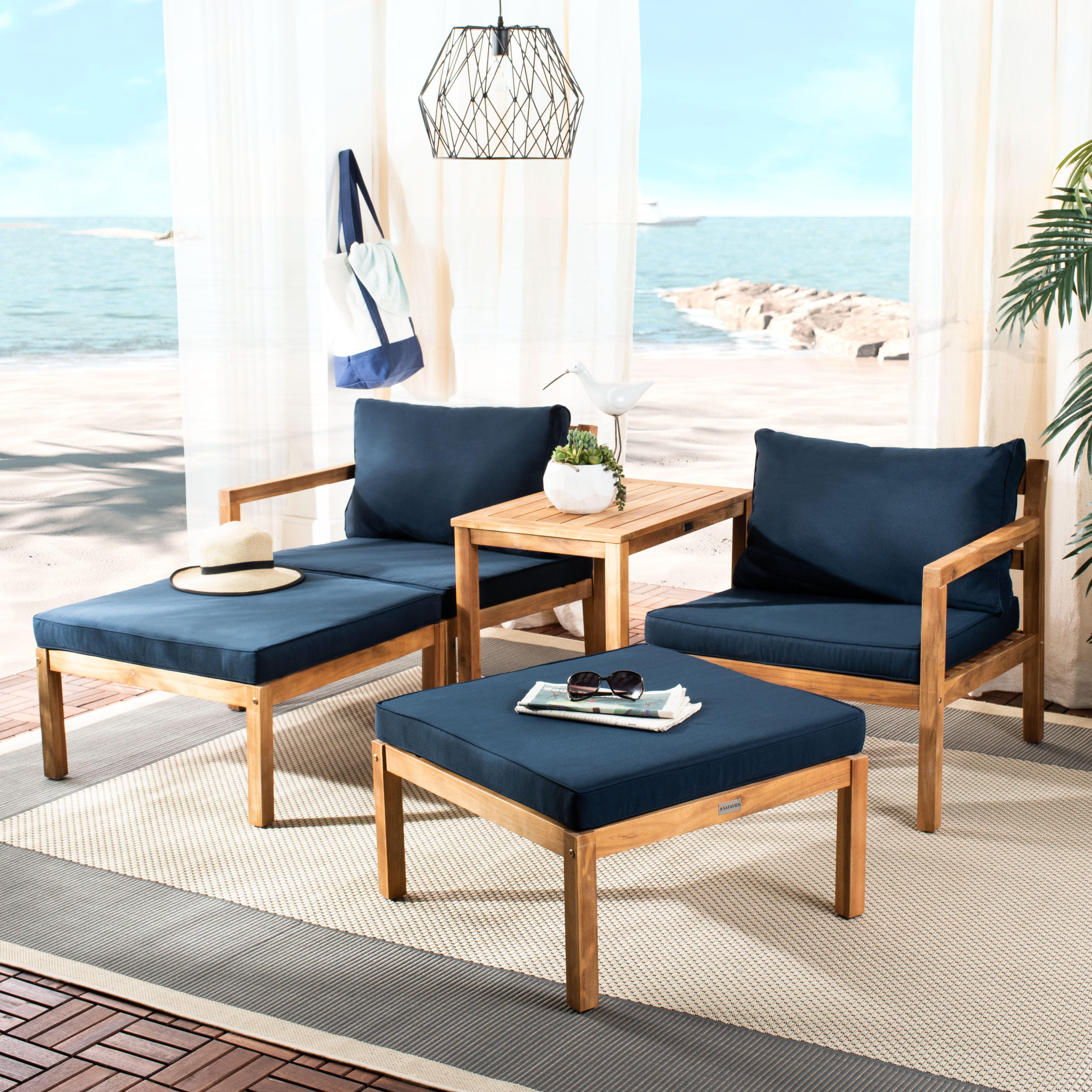 Safavieh Pratia Outdoor Lounge Chairs with Side Table, Natural/Navy, rollover