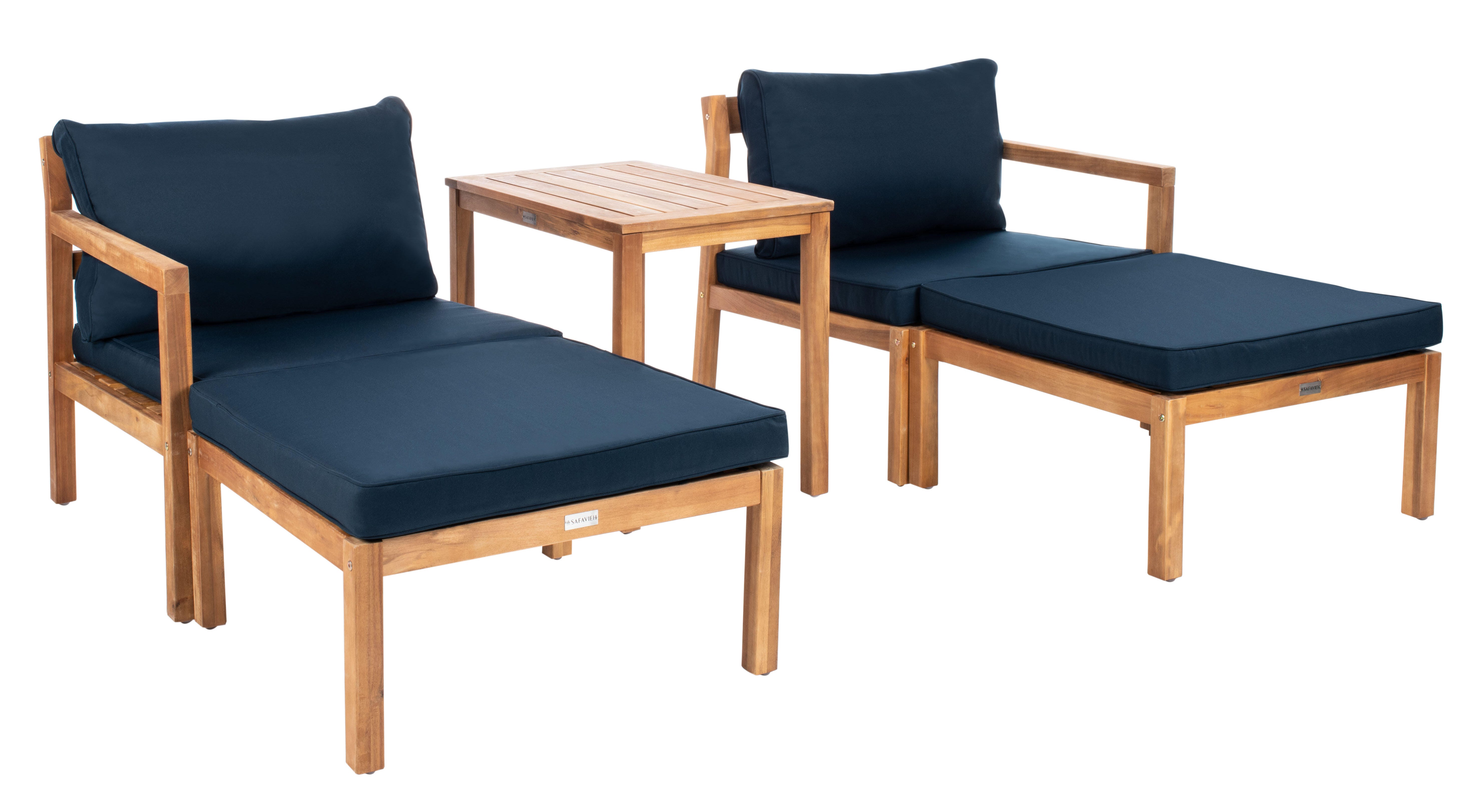 Safavieh Pratia Outdoor Lounge Chairs with Side Table, Natural/Navy, large
