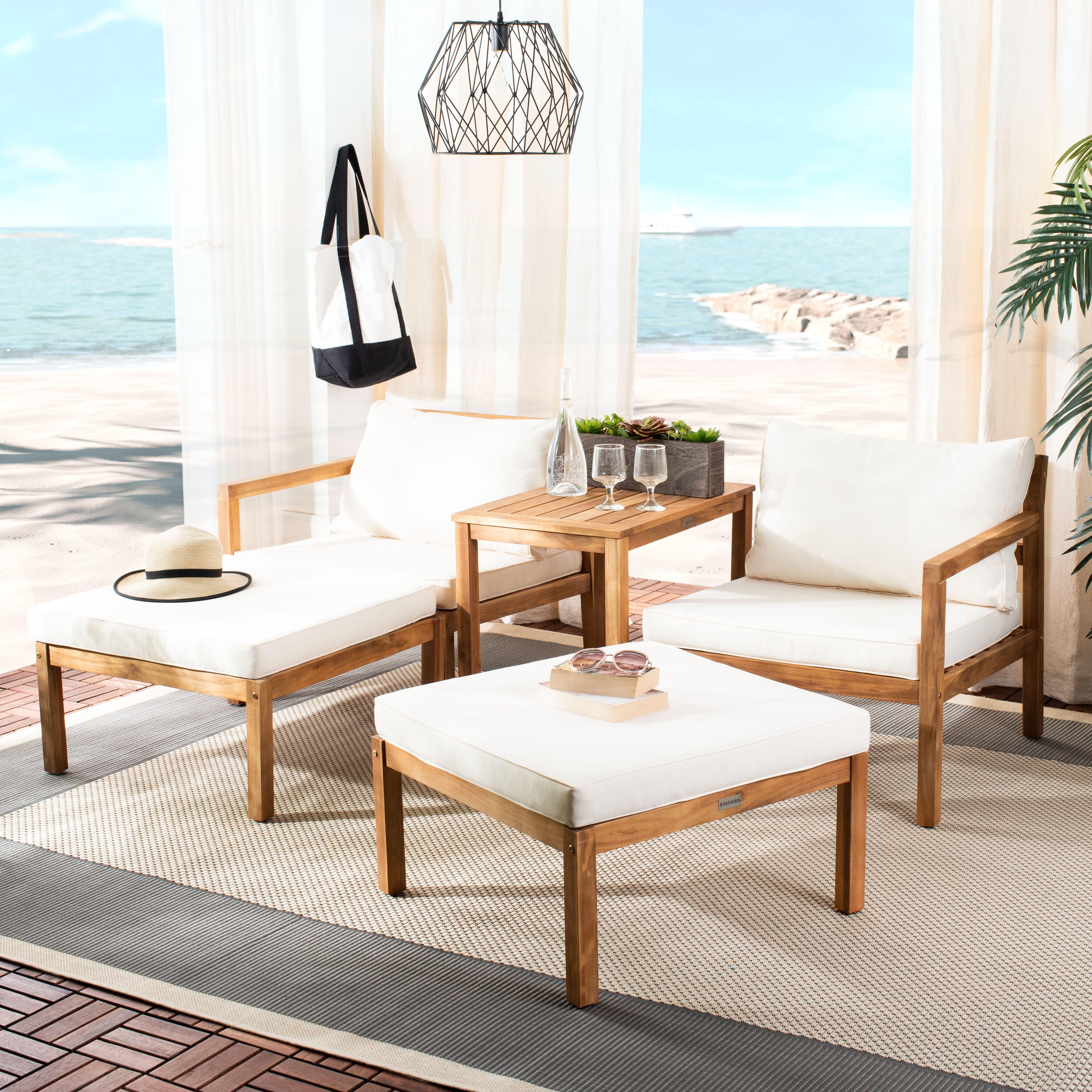 Safavieh Pratia Outdoor Lounge Chairs with Side Table, Natural/Beige, large
