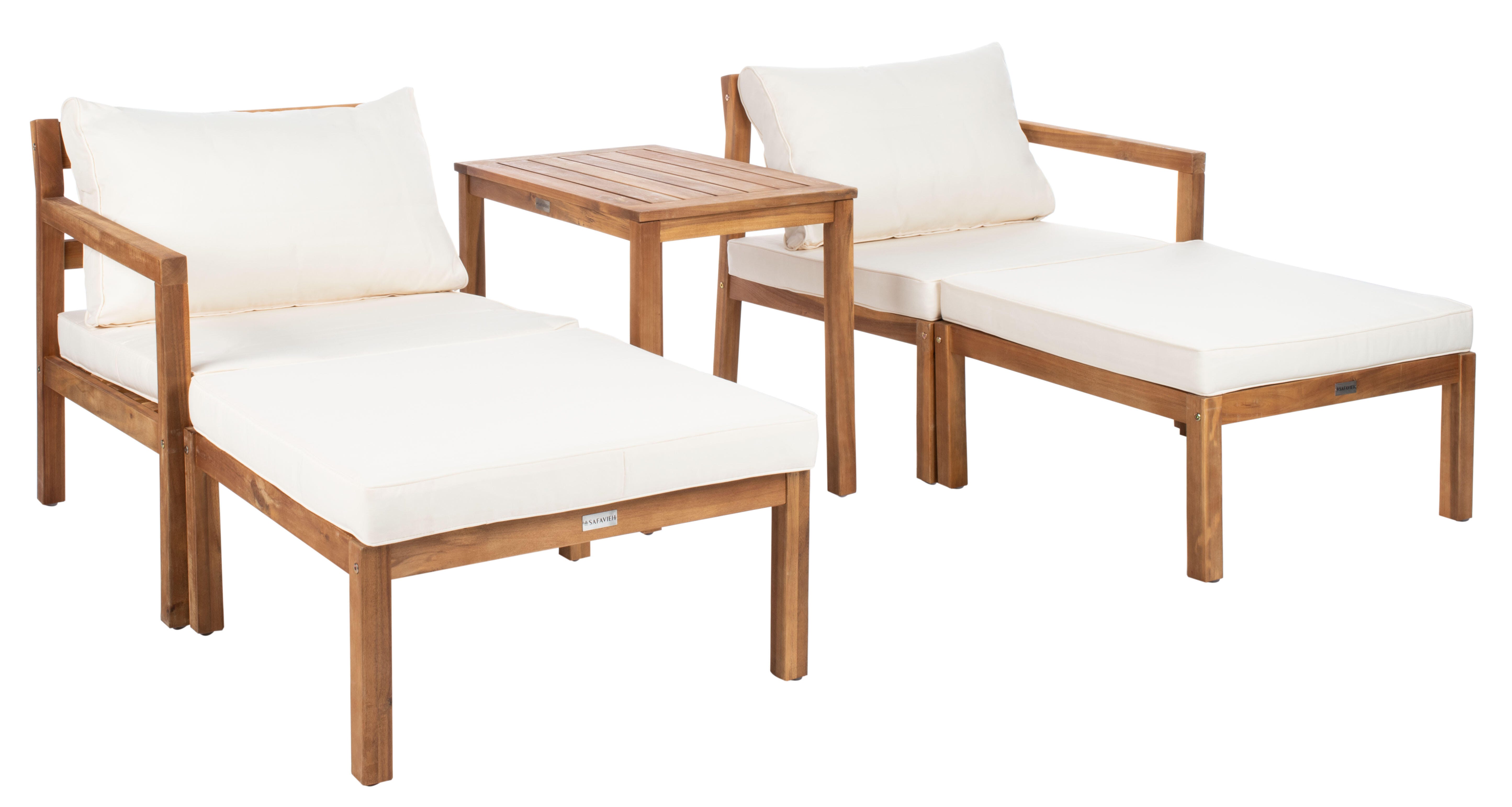 Safavieh Pratia Outdoor Lounge Chairs with Side Table, Natural/Beige, large