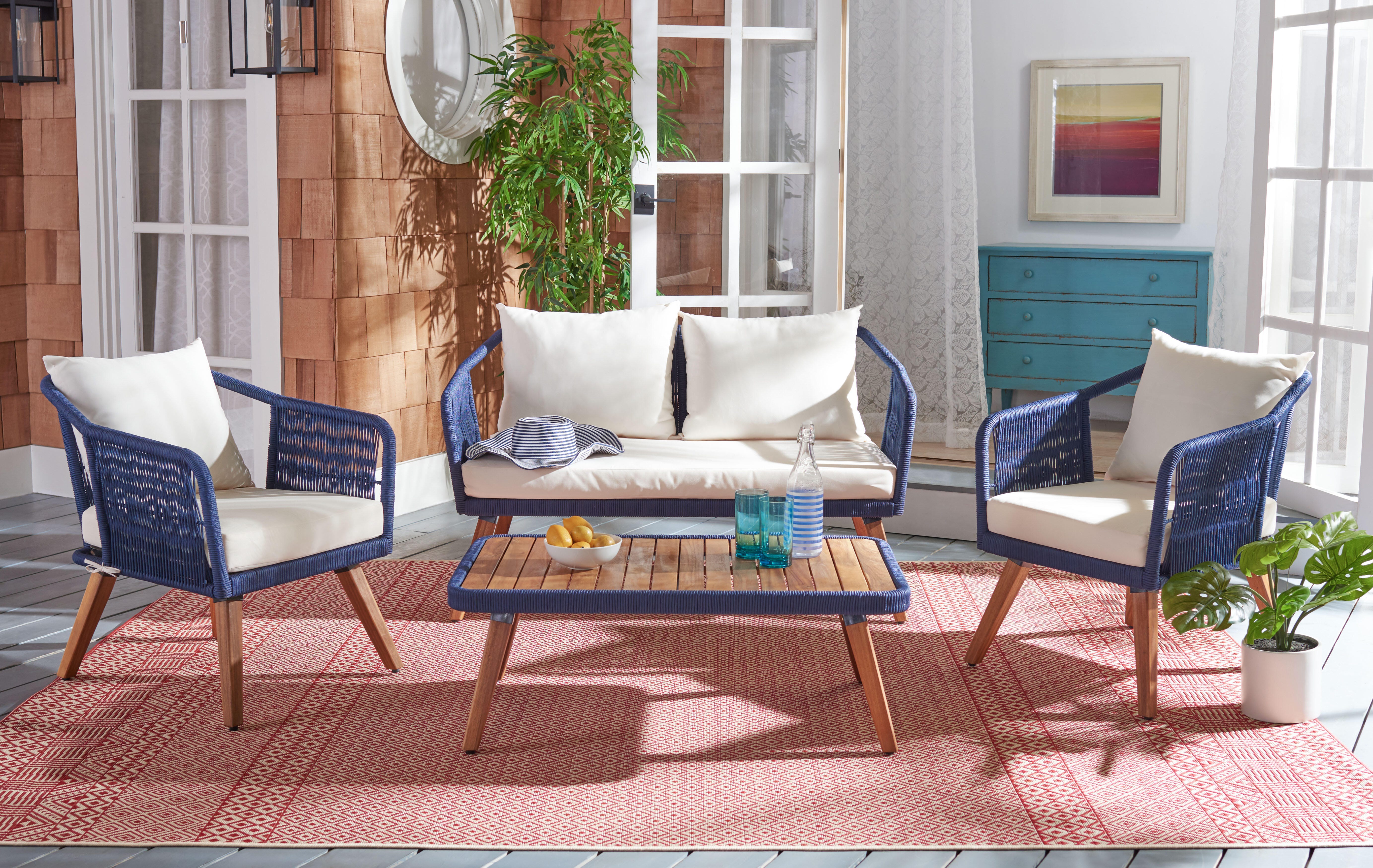 Safavieh Raldin Outdoor Conversation Set, Navy/Beige, rollover
