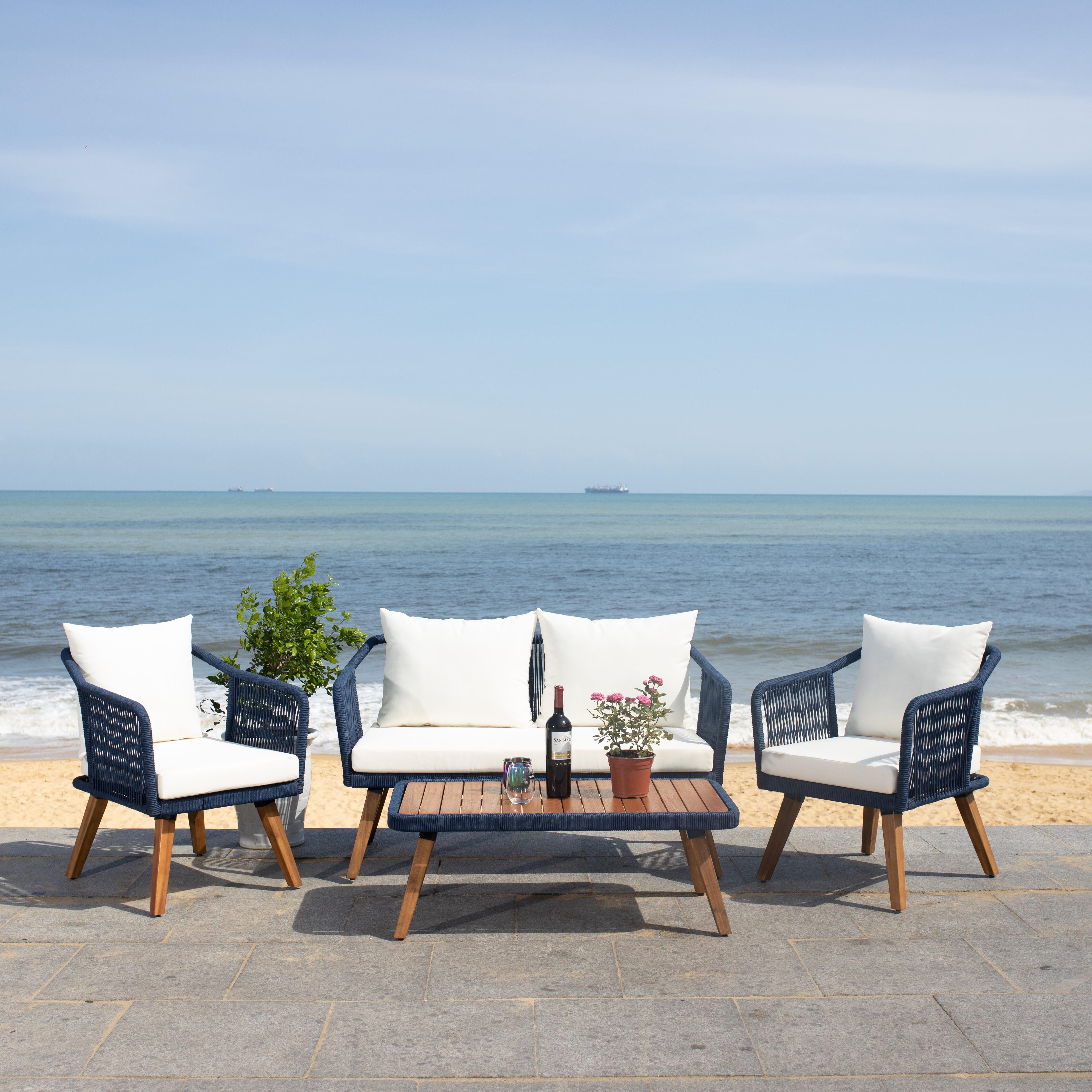 Safavieh Raldin Outdoor Conversation Set, Navy/Beige, large