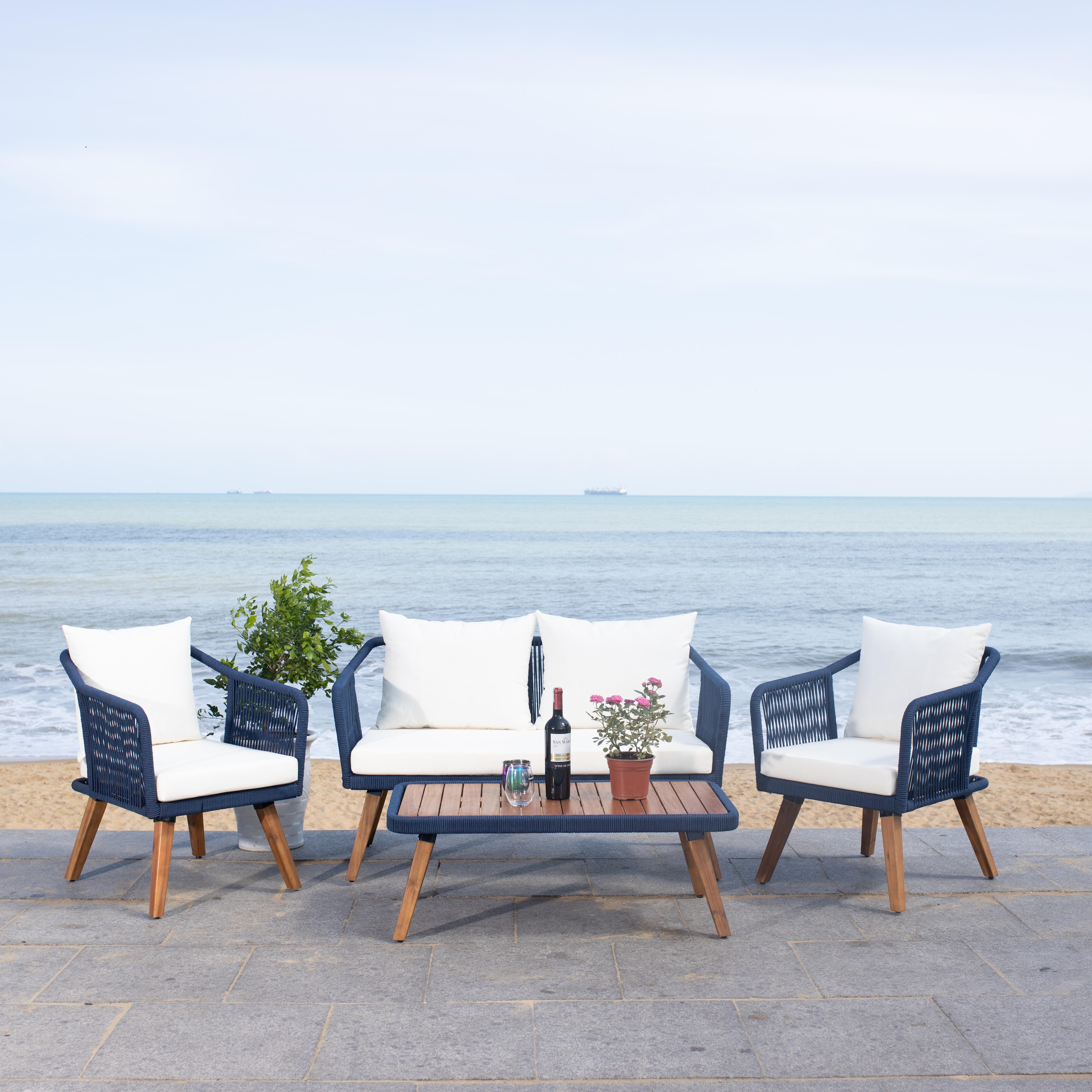 Safavieh Raldin Outdoor Conversation Set, Navy/Beige, large