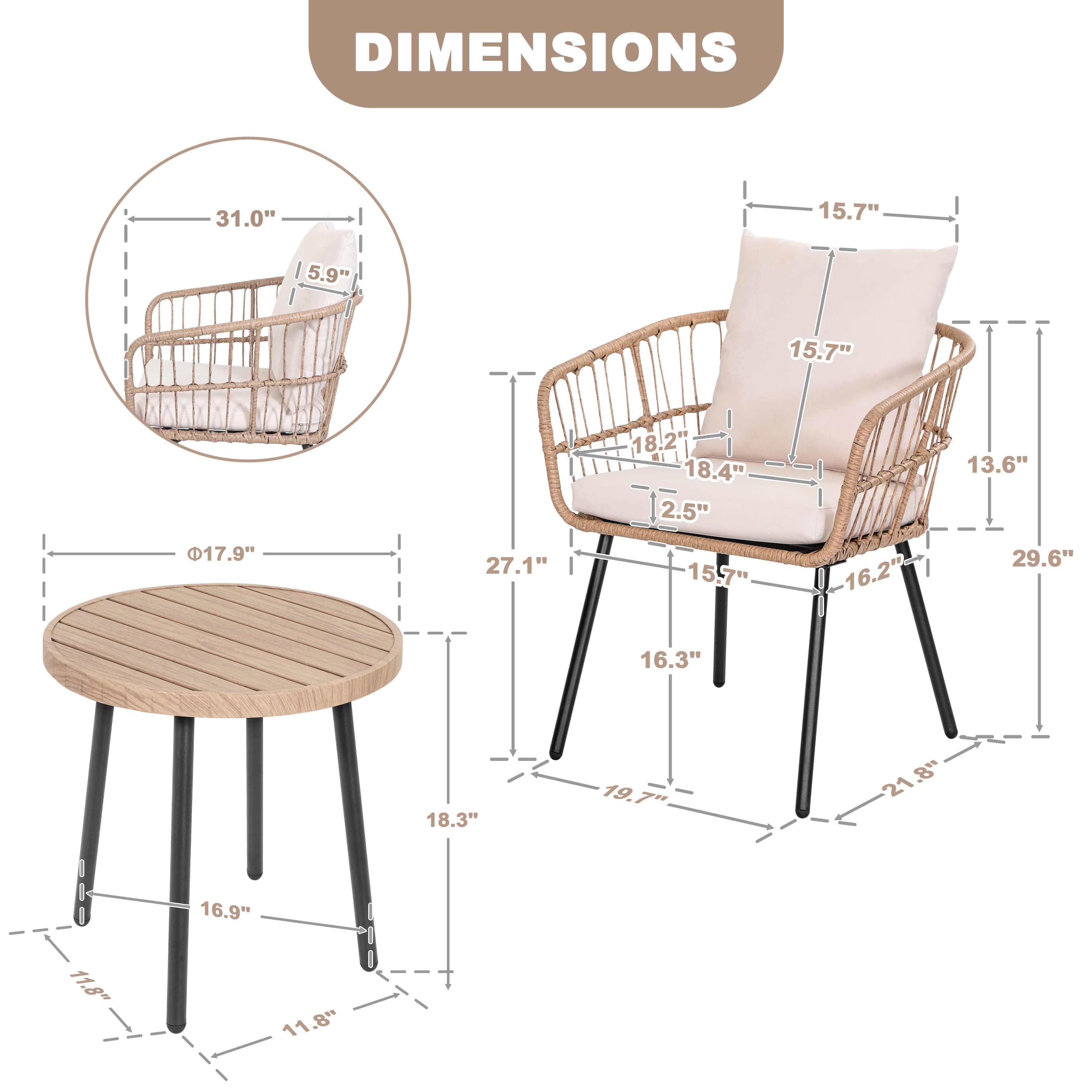 Nuu Garden 3 Piece Outdoor Bistro Set, , large