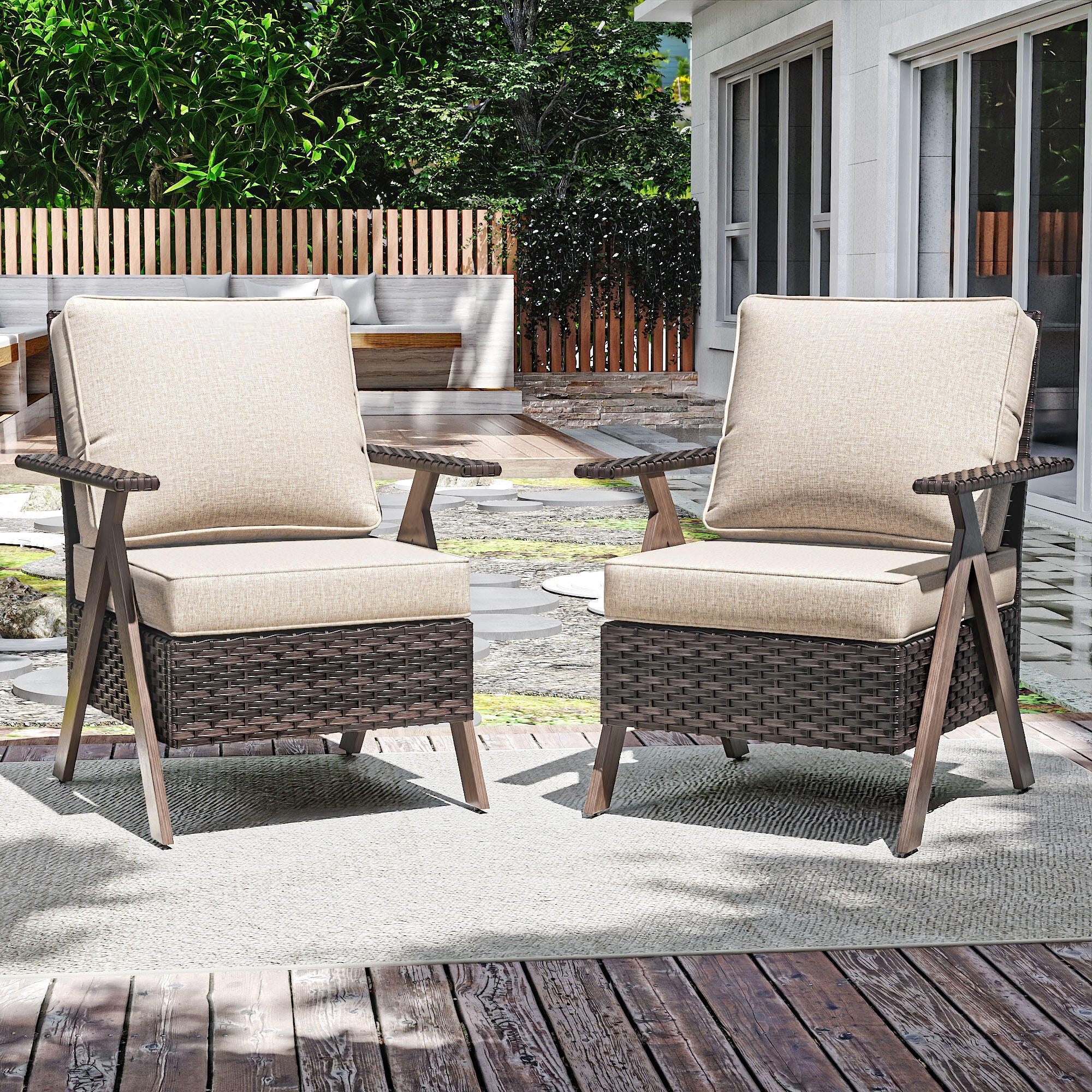 MORN HILL Sandy Shores Outdoor Lounge Chair (Set of 2), Beige/Brown, rollover