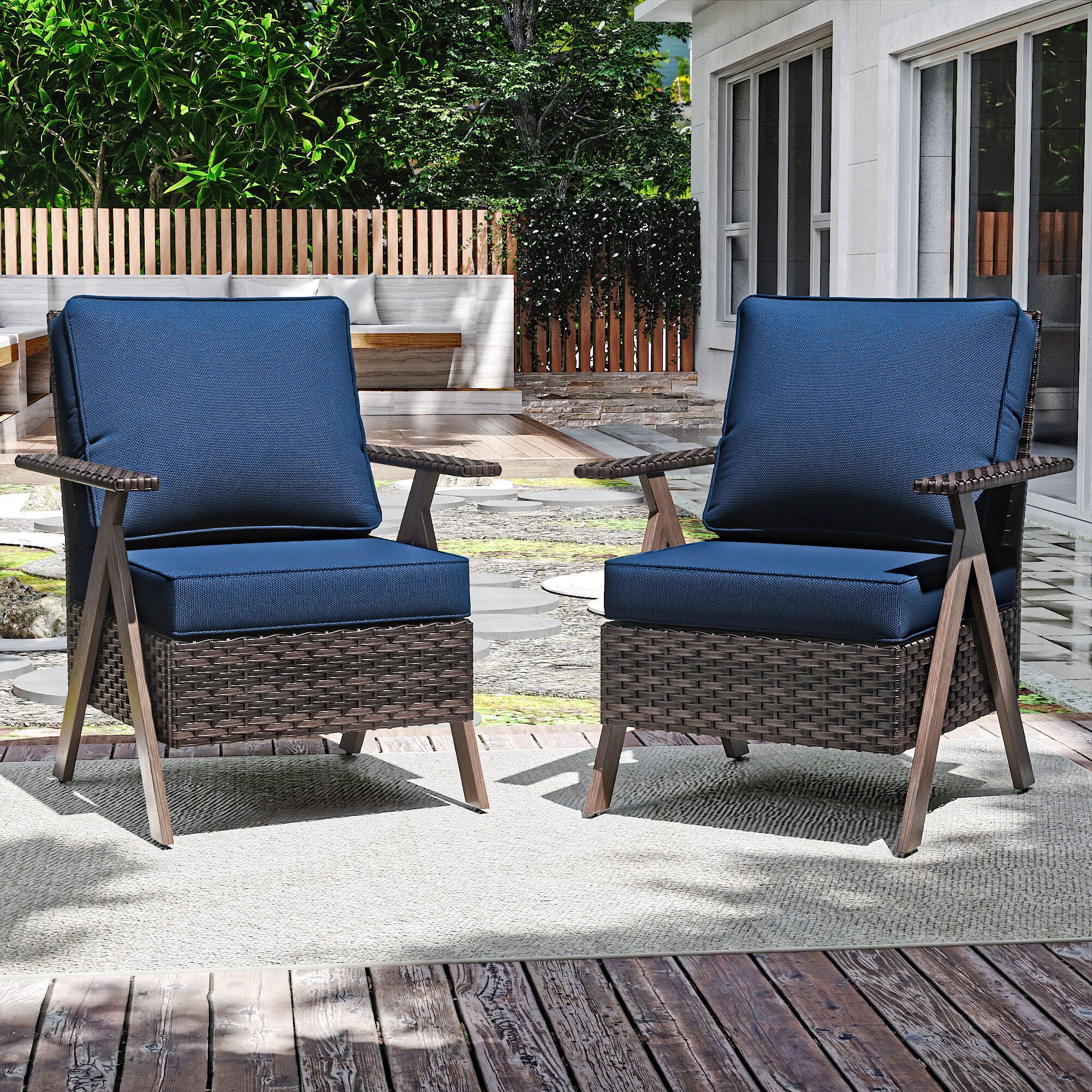 MORN HILL Sandy Shores Outdoor Lounge Chair (Set of 2), Blue/Brown, rollover