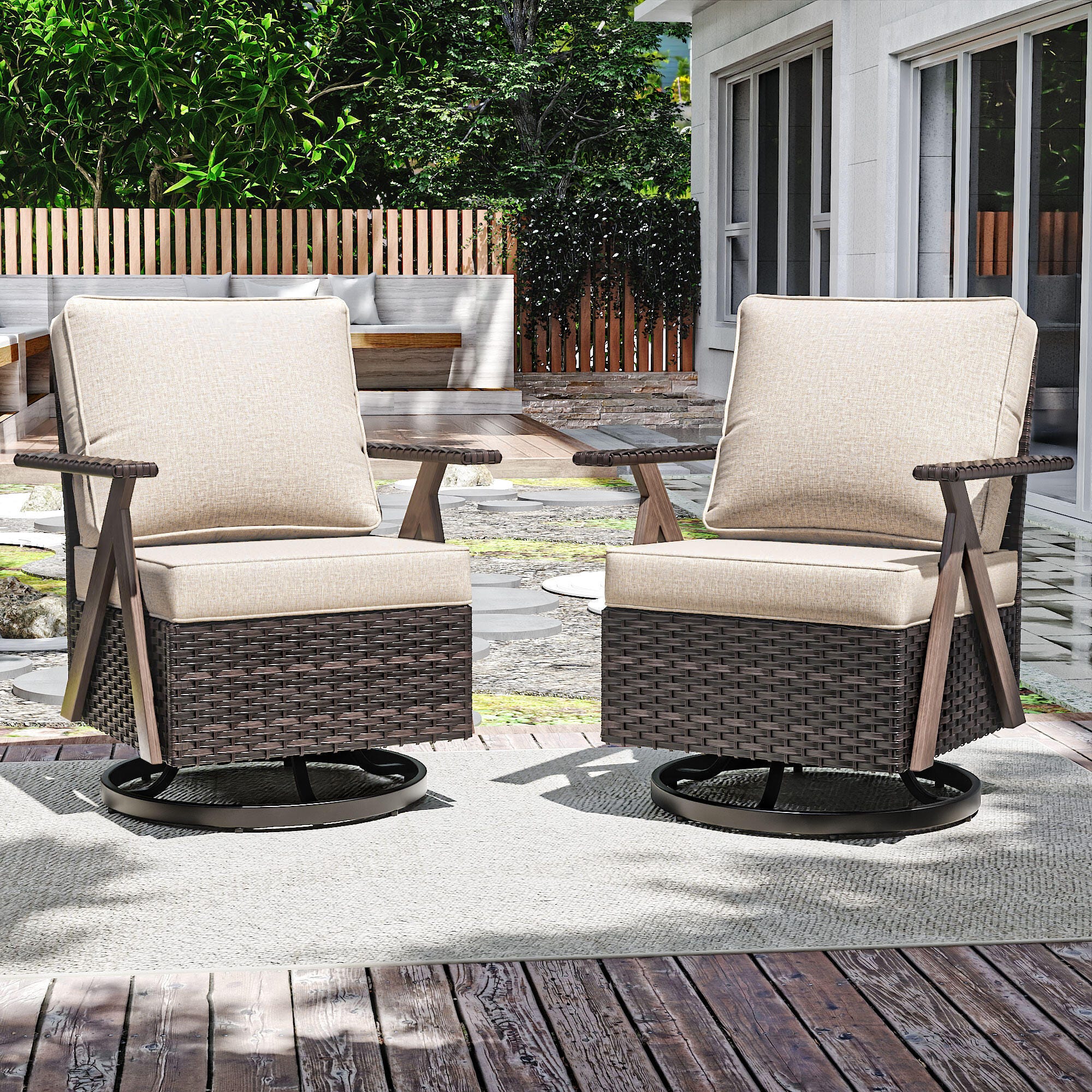 MORN HILL Sandy Shores Outdoor Swivel Lounge Chair (Set of 2), Beige/Brown, rollover