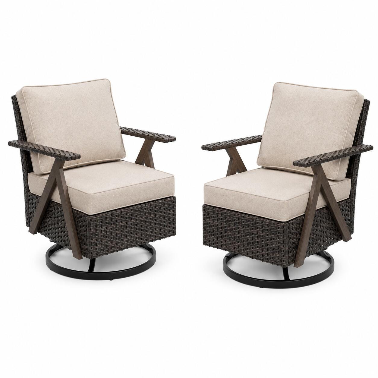 MORN HILL Sandy Shores Outdoor Swivel Lounge Chair (Set of 2), Beige/Brown, large