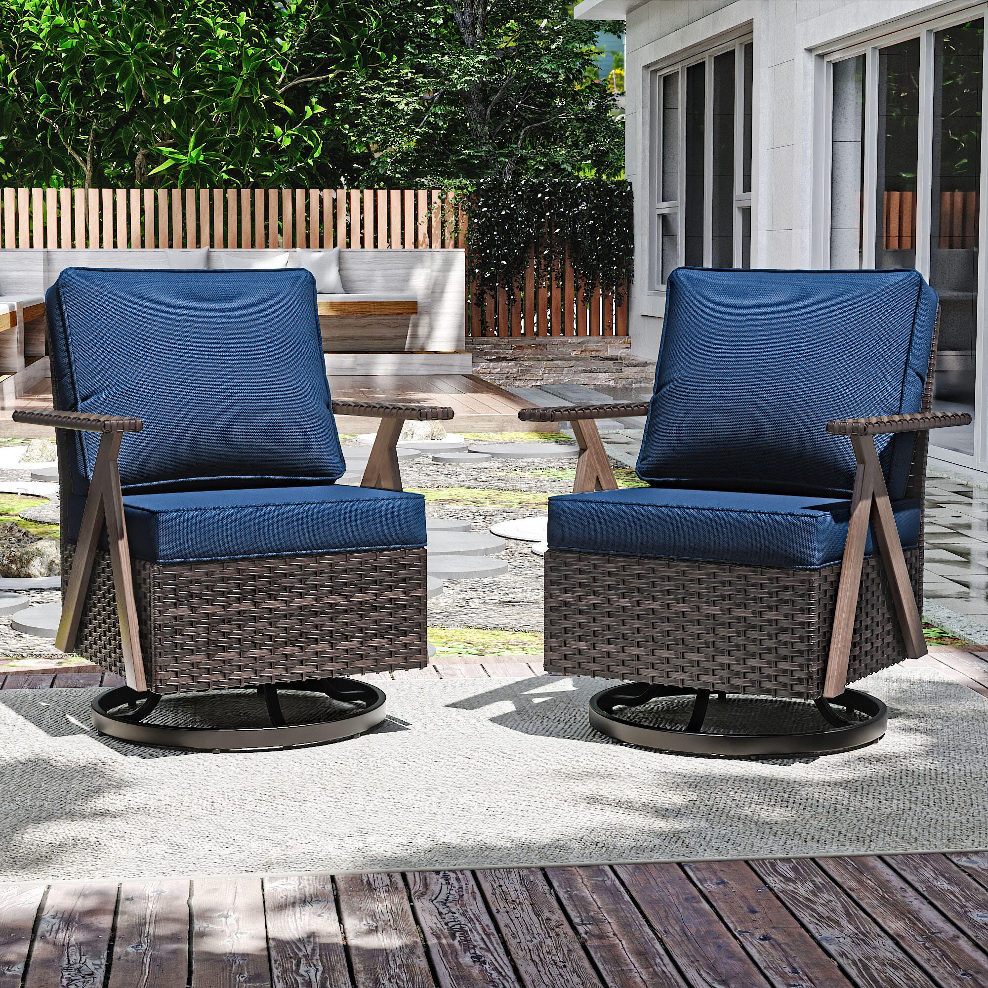 MORN HILL Sandy Shores Outdoor Swivel Lounge Chair (Set of 2), Blue/Brown, rollover