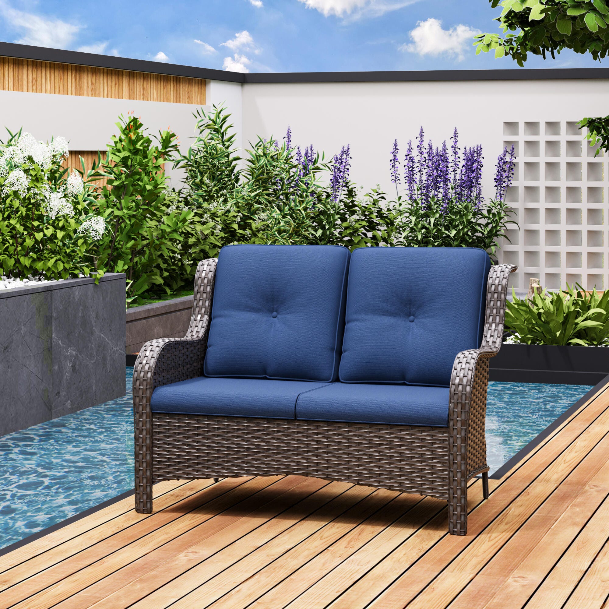 MORN HILL Haven Outdoor Loveseat, Blue/Brown, rollover