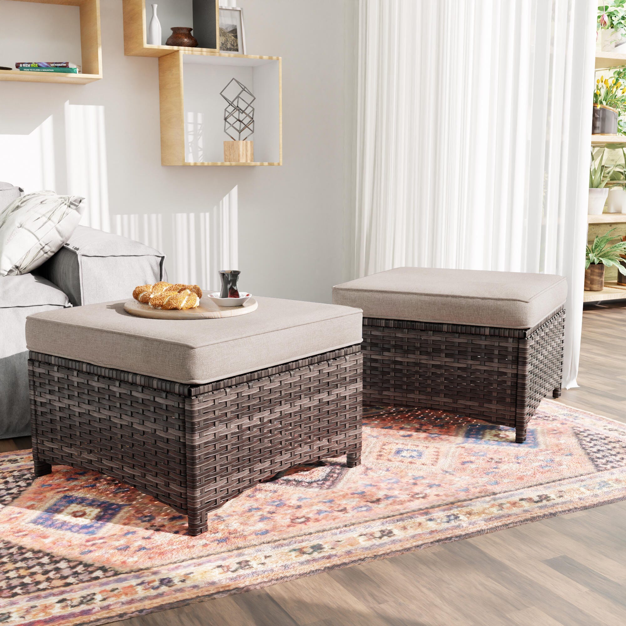 MORN HILL Haven Outdoor Ottoman (Set of 2), Beige/Brown, rollover
