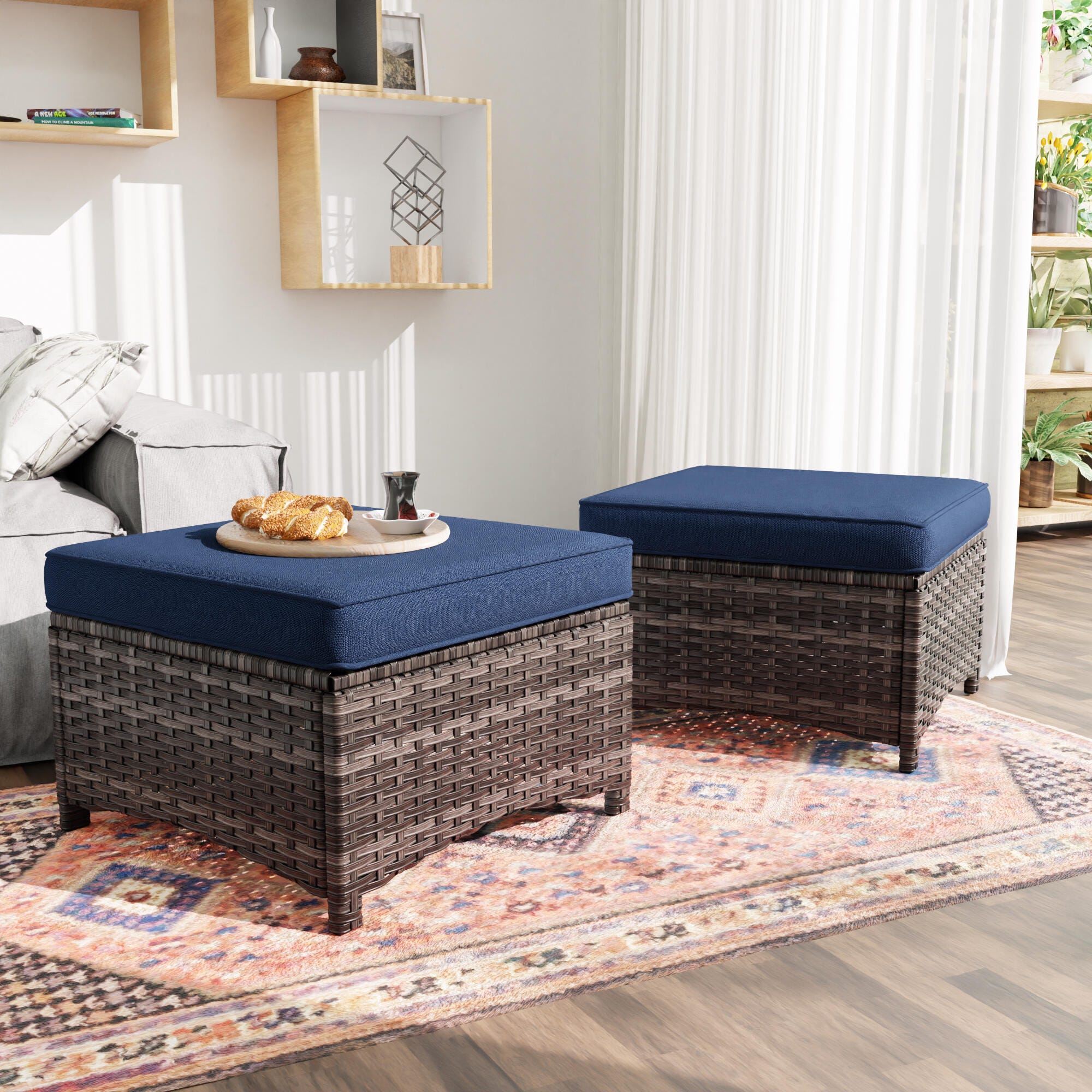 MORN HILL Haven Outdoor Ottoman (Set of 2), Blue/Brown, rollover