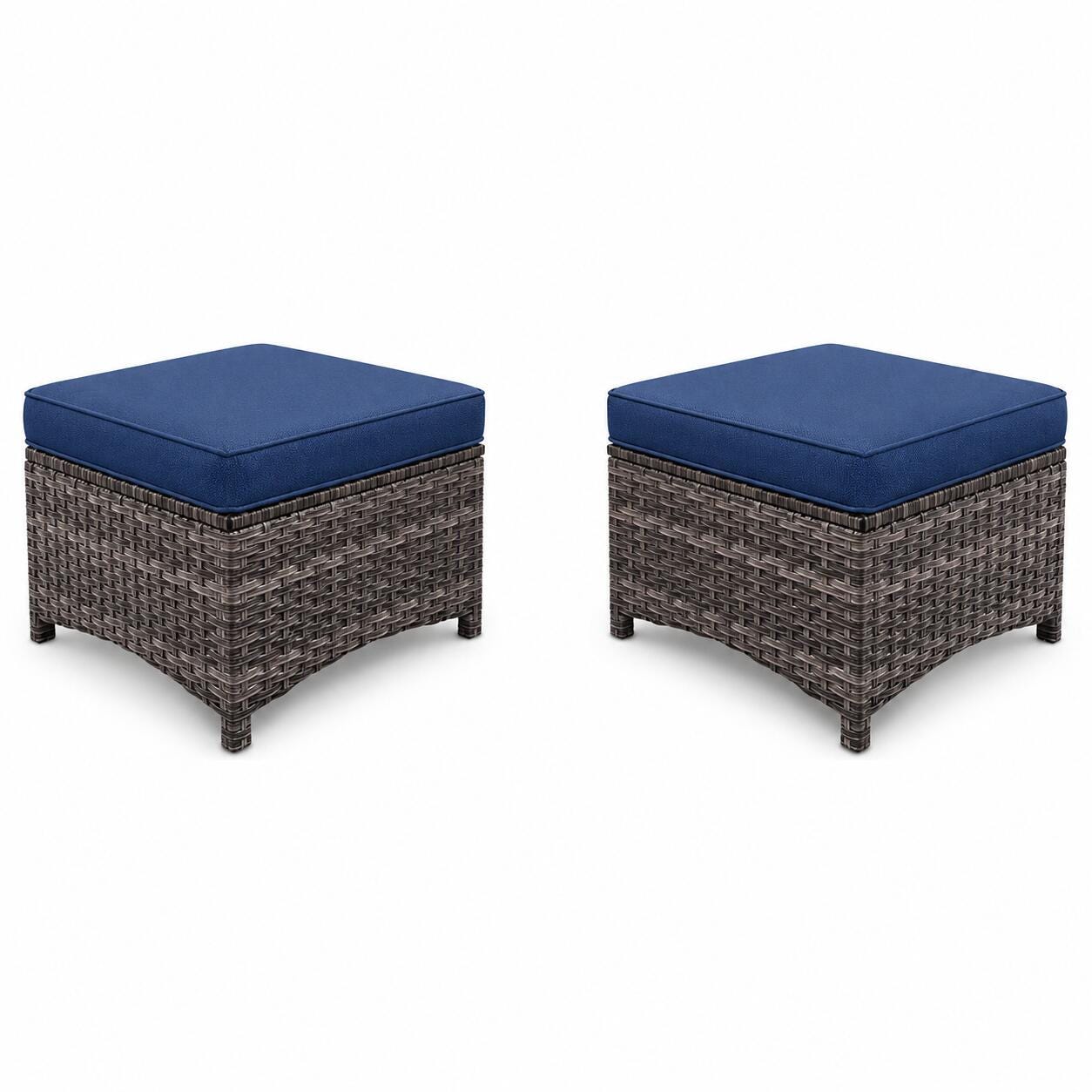 MORN HILL Haven Outdoor Ottoman (Set of 2), Blue/Brown, large