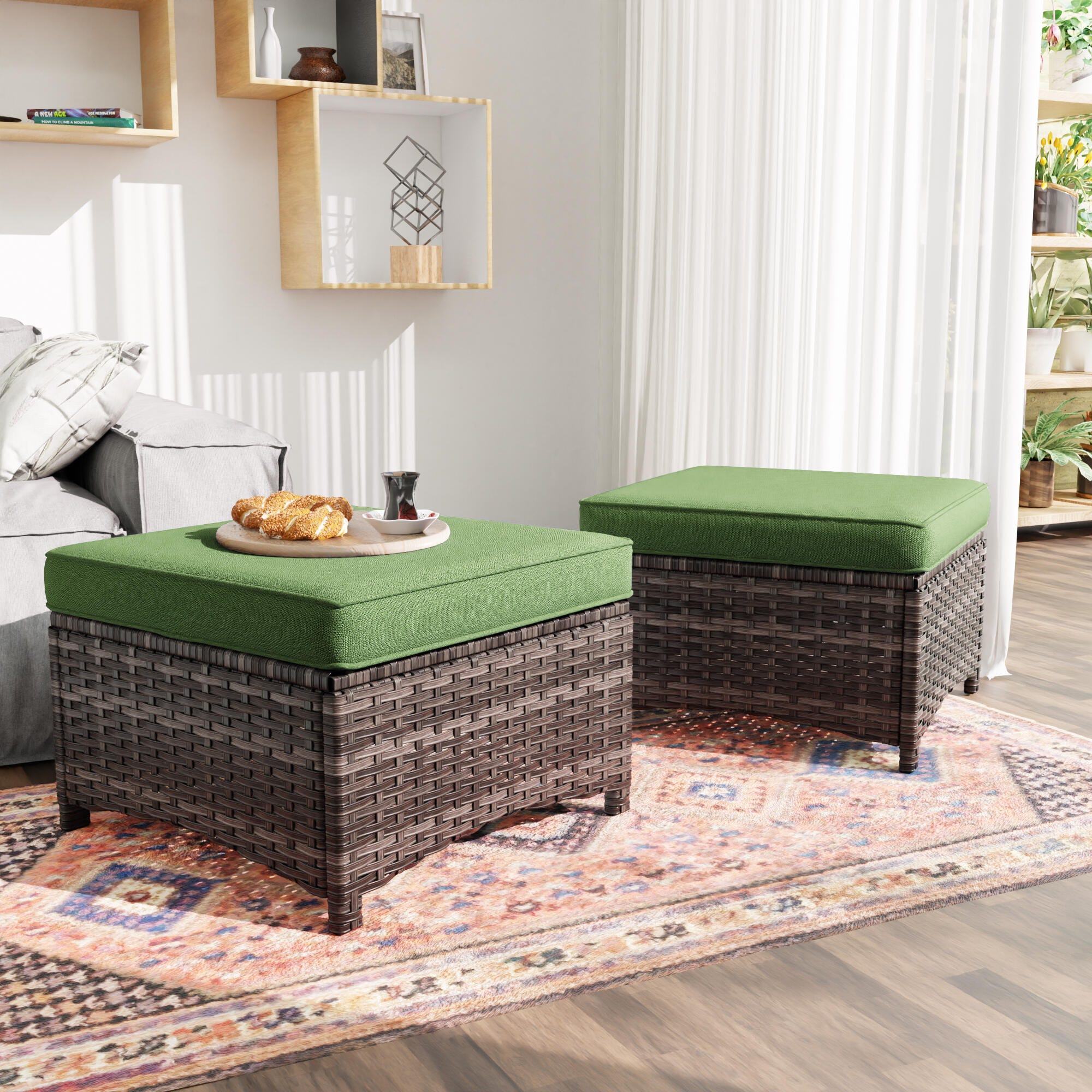MORN HILL Haven Outdoor Ottoman (Set of 2), Green/Brown, rollover