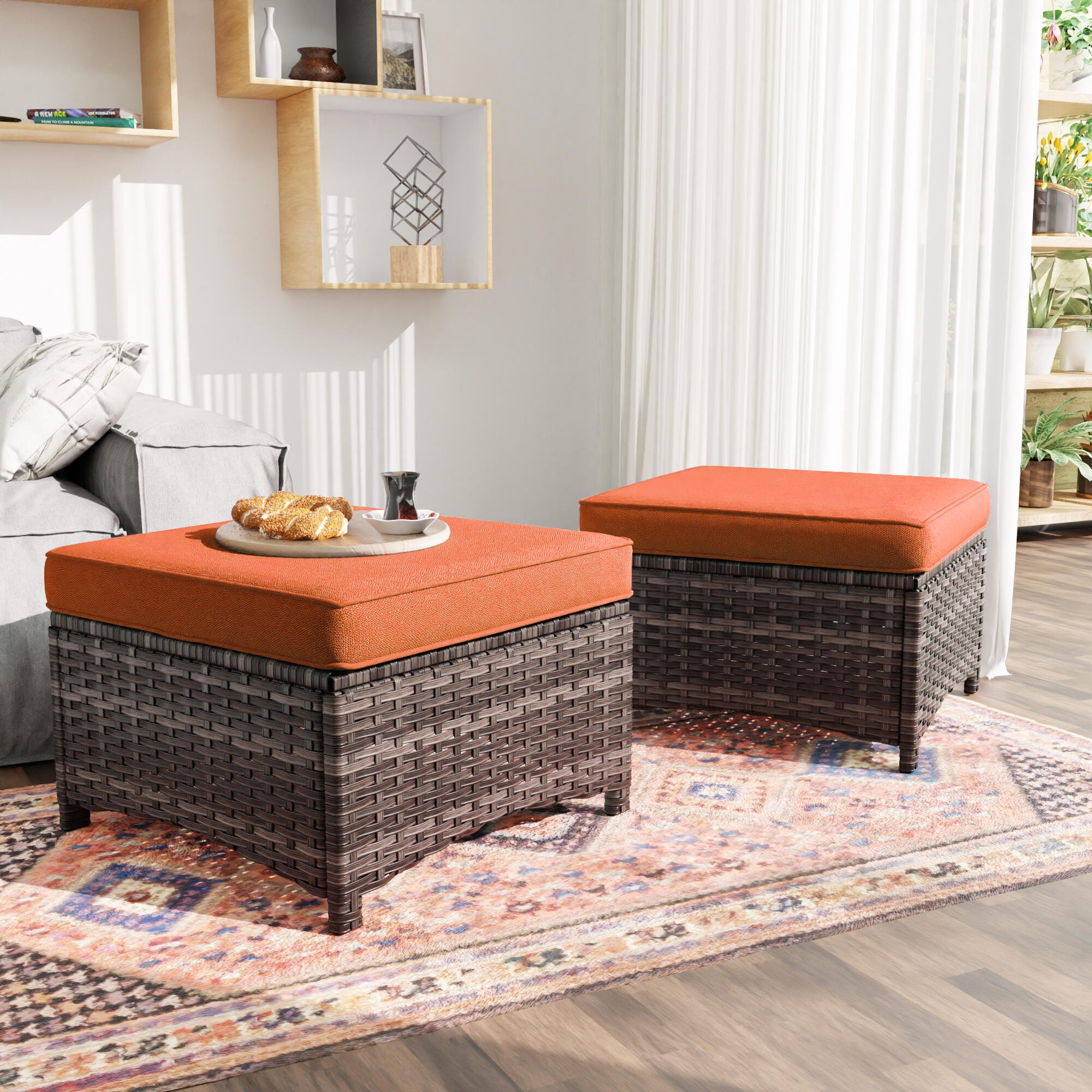 MORN HILL Haven Outdoor Ottoman (Set of 2), Orange/Brown, rollover