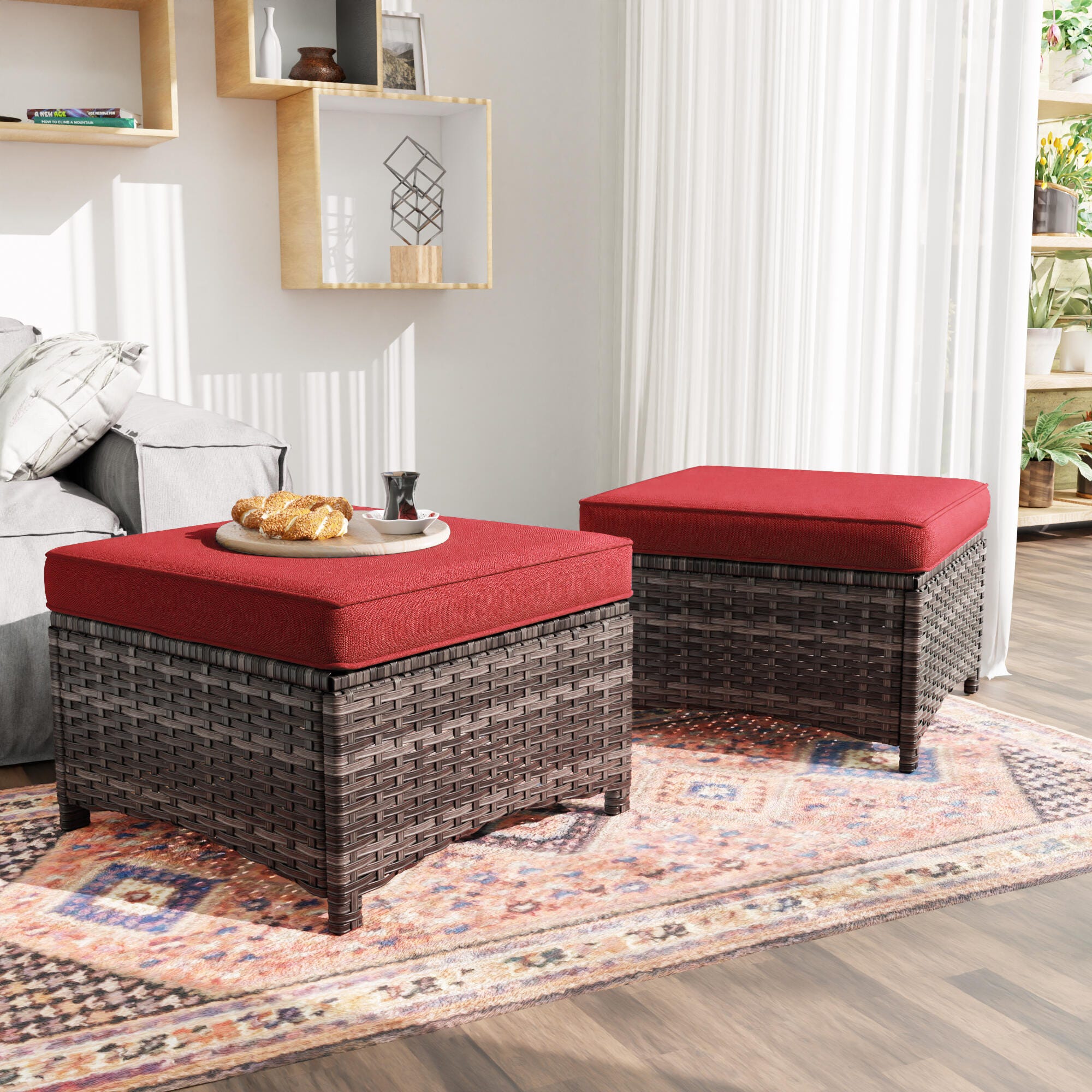 MORN HILL Haven Outdoor Ottoman (Set of 2), Red/Brown, rollover