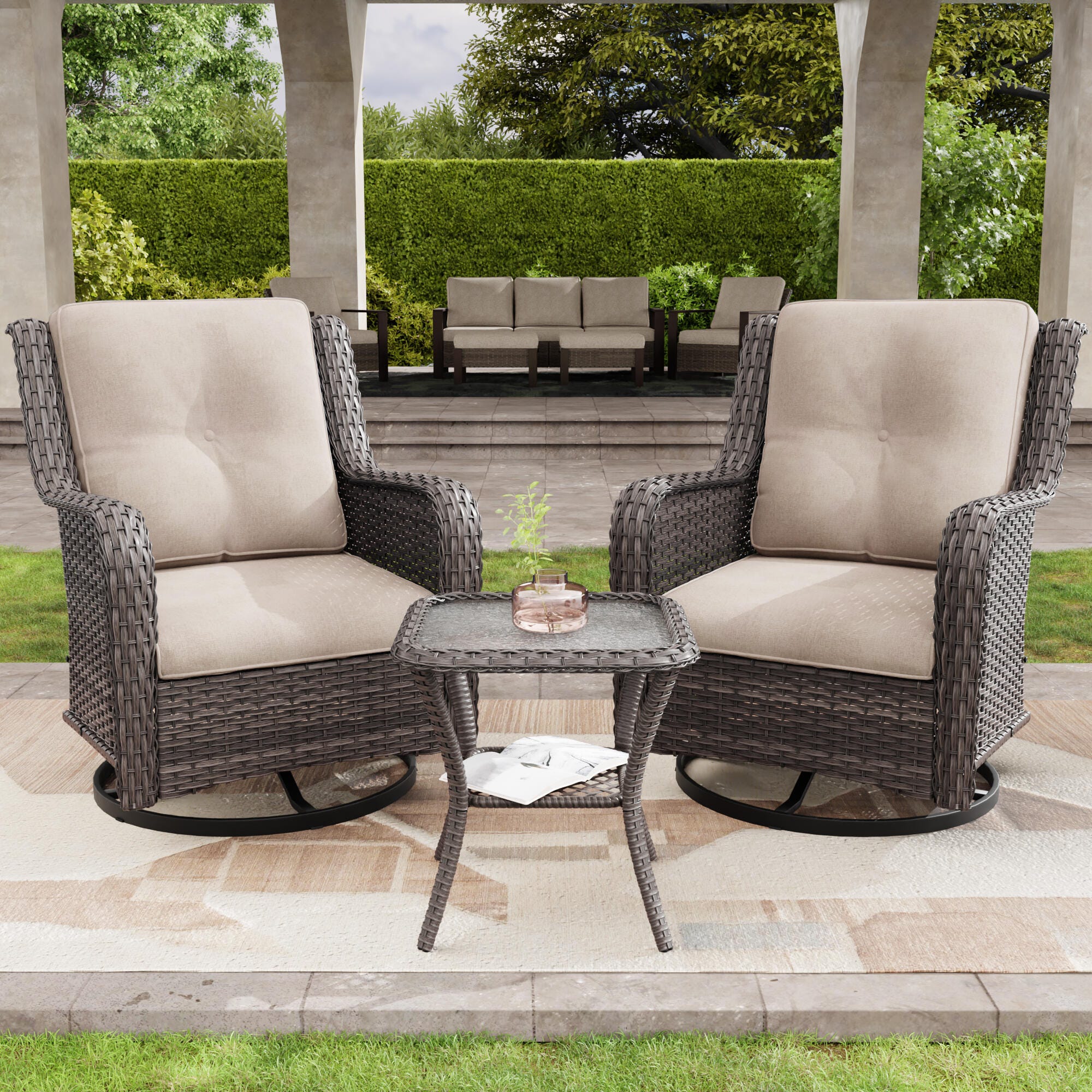 MORN HILL Haven Outdoor 2 Swivel Chair and Side Table, Beige/Brown, rollover