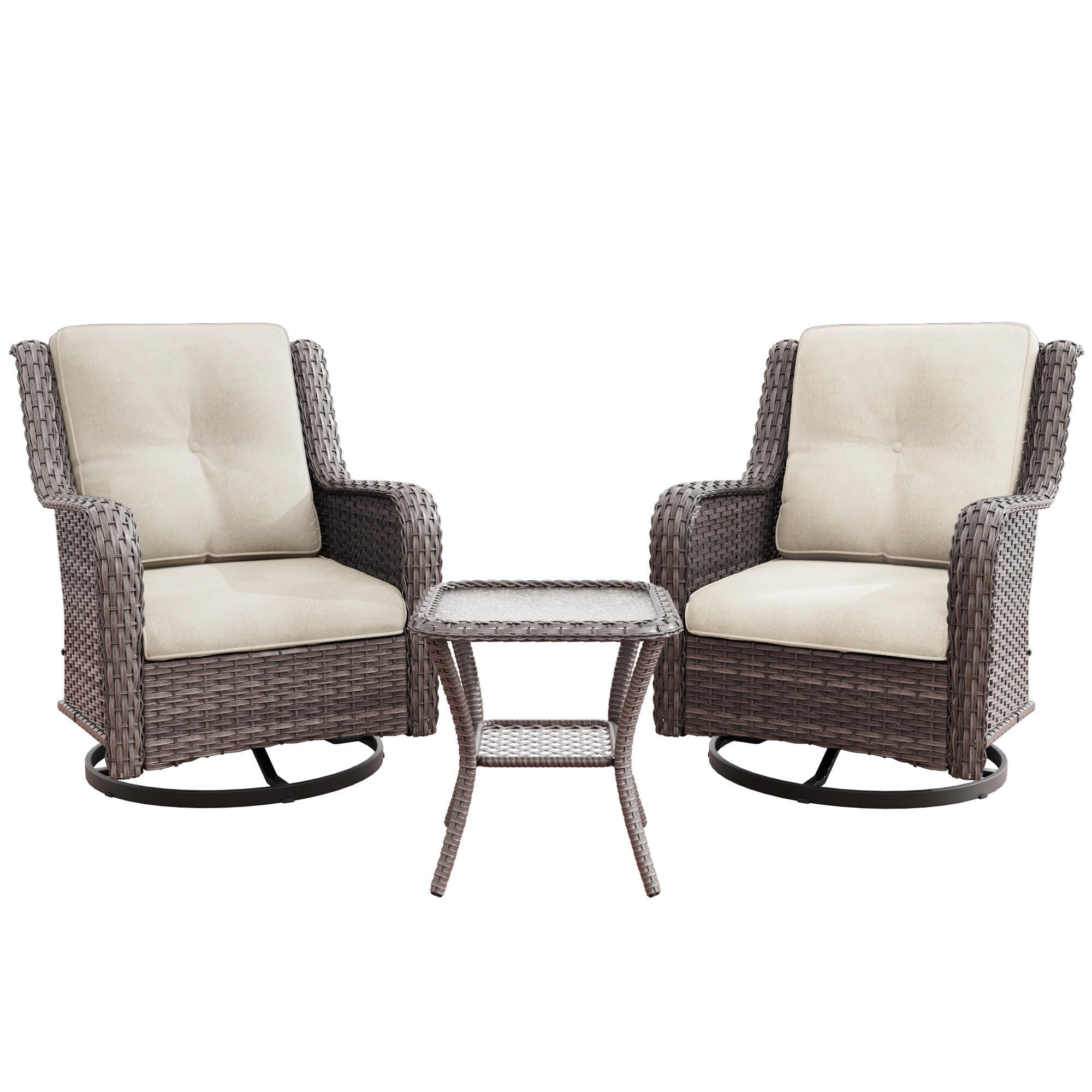 MORN HILL Haven Outdoor 2 Swivel Chair and Side Table, Beige/Brown, large