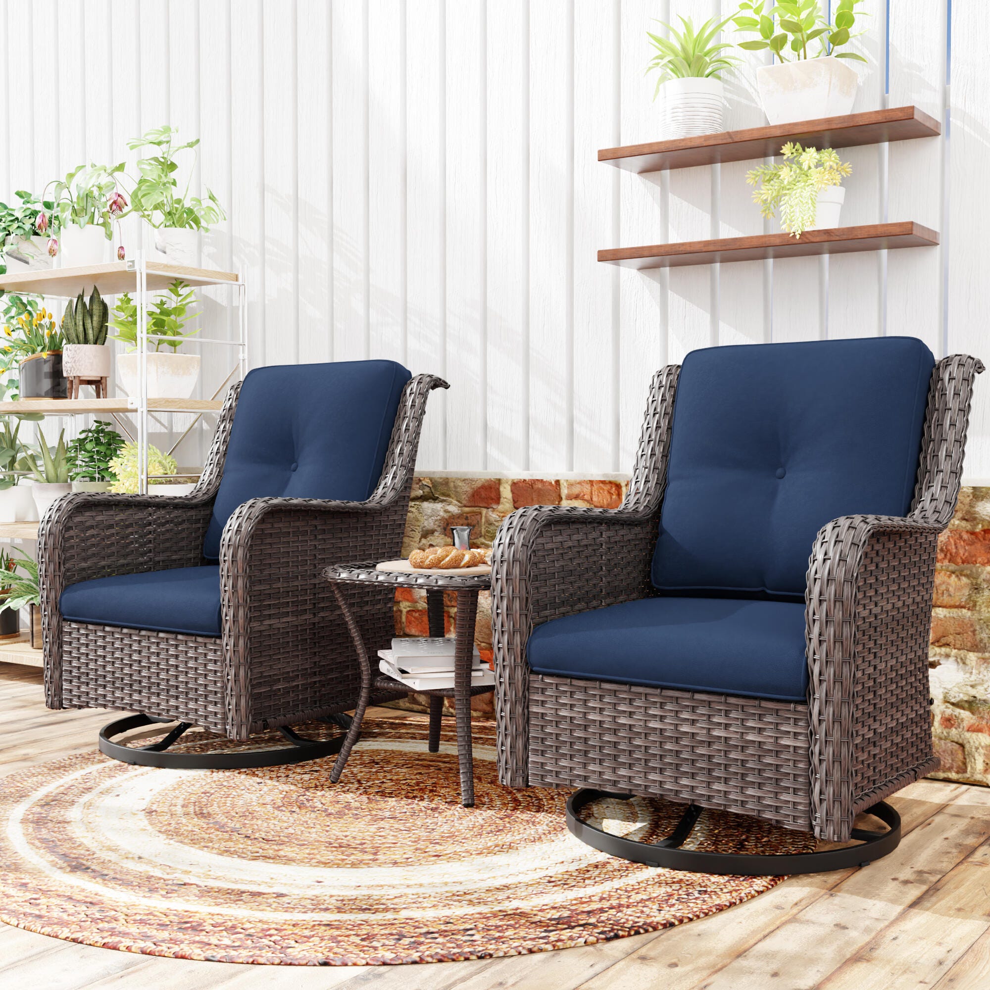 MORN HILL Haven Outdoor 2 Swivel Chair and Side Table, Blue/Brown, rollover