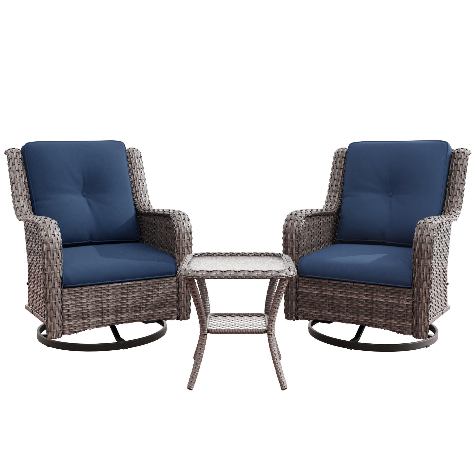 MORN HILL Haven Outdoor 2 Swivel Chair and Side Table, Blue/Brown, large