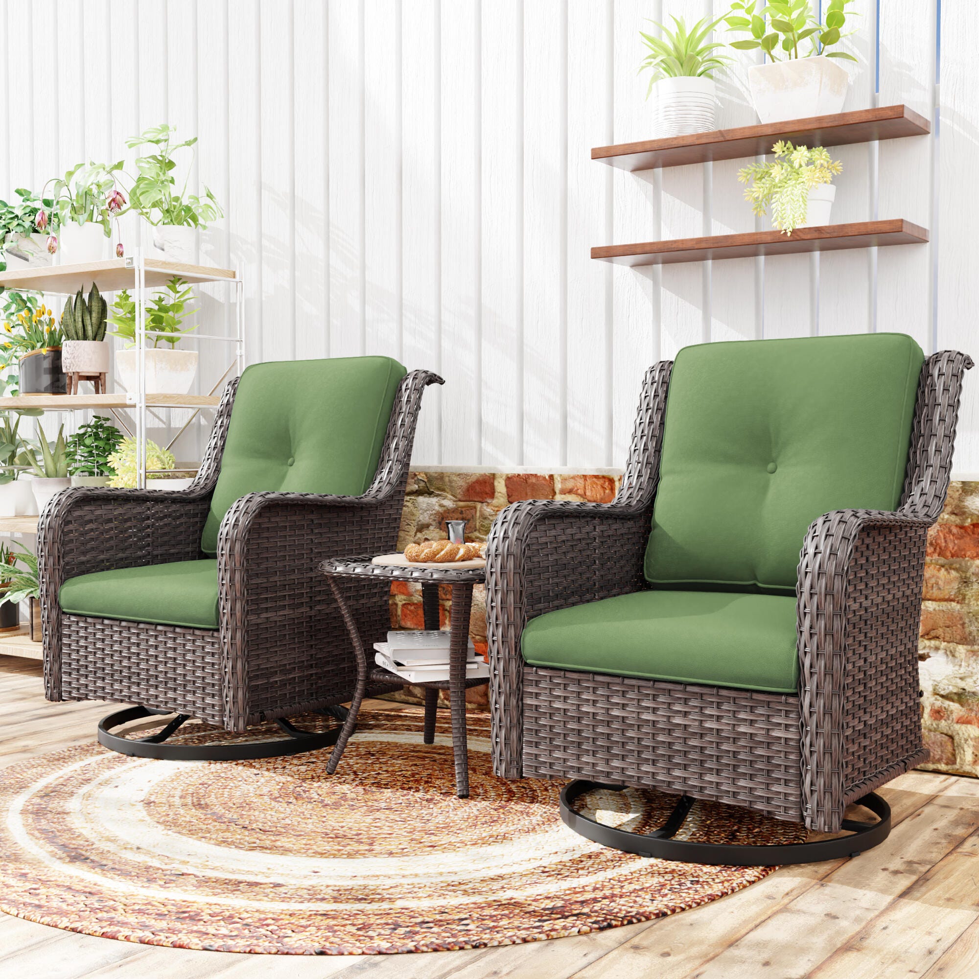 MORN HILL Haven Outdoor 2 Swivel Chair and Side Table, Green/Brown, rollover