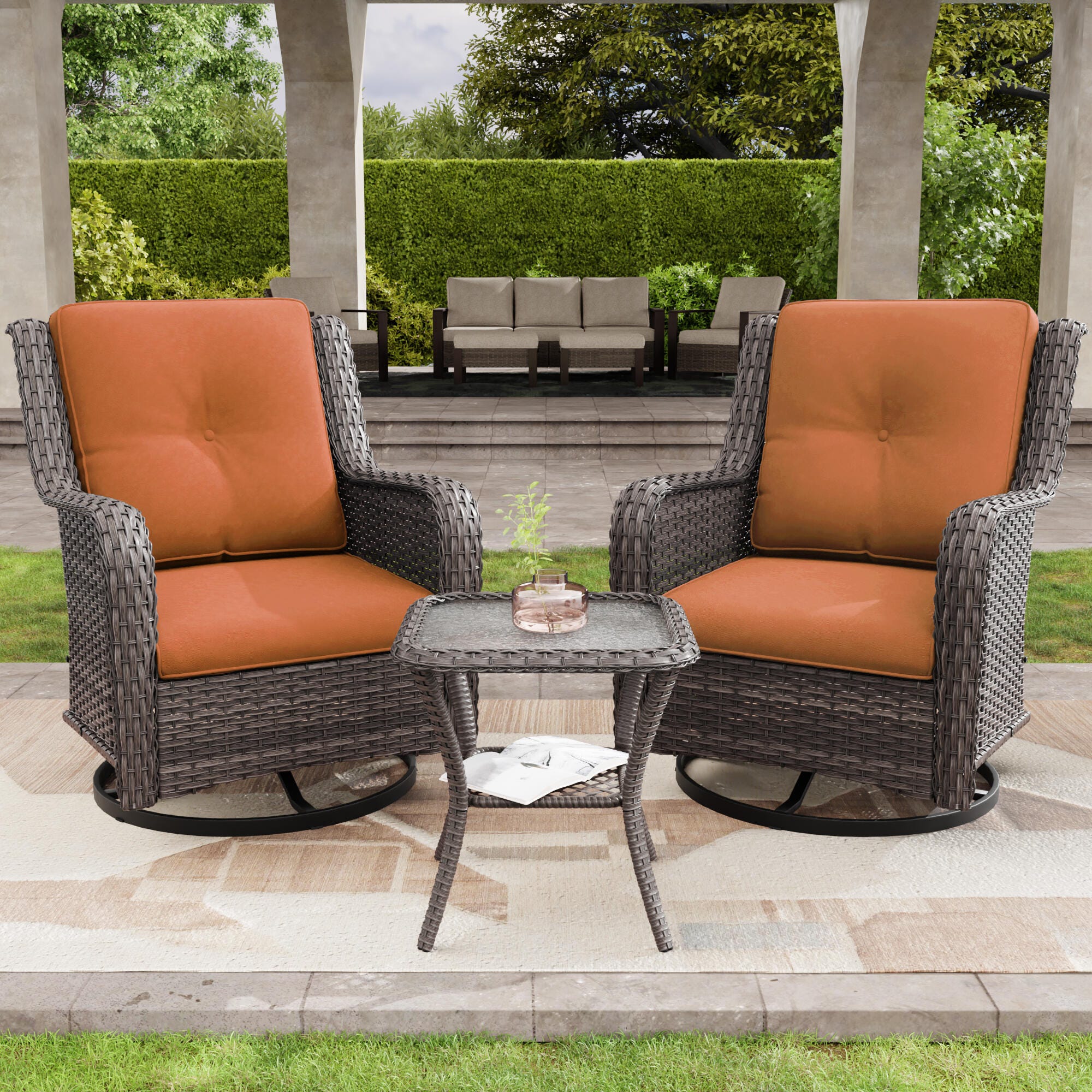 MORN HILL Haven Outdoor 2 Swivel Chair and Side Table, Orange/Brown, rollover